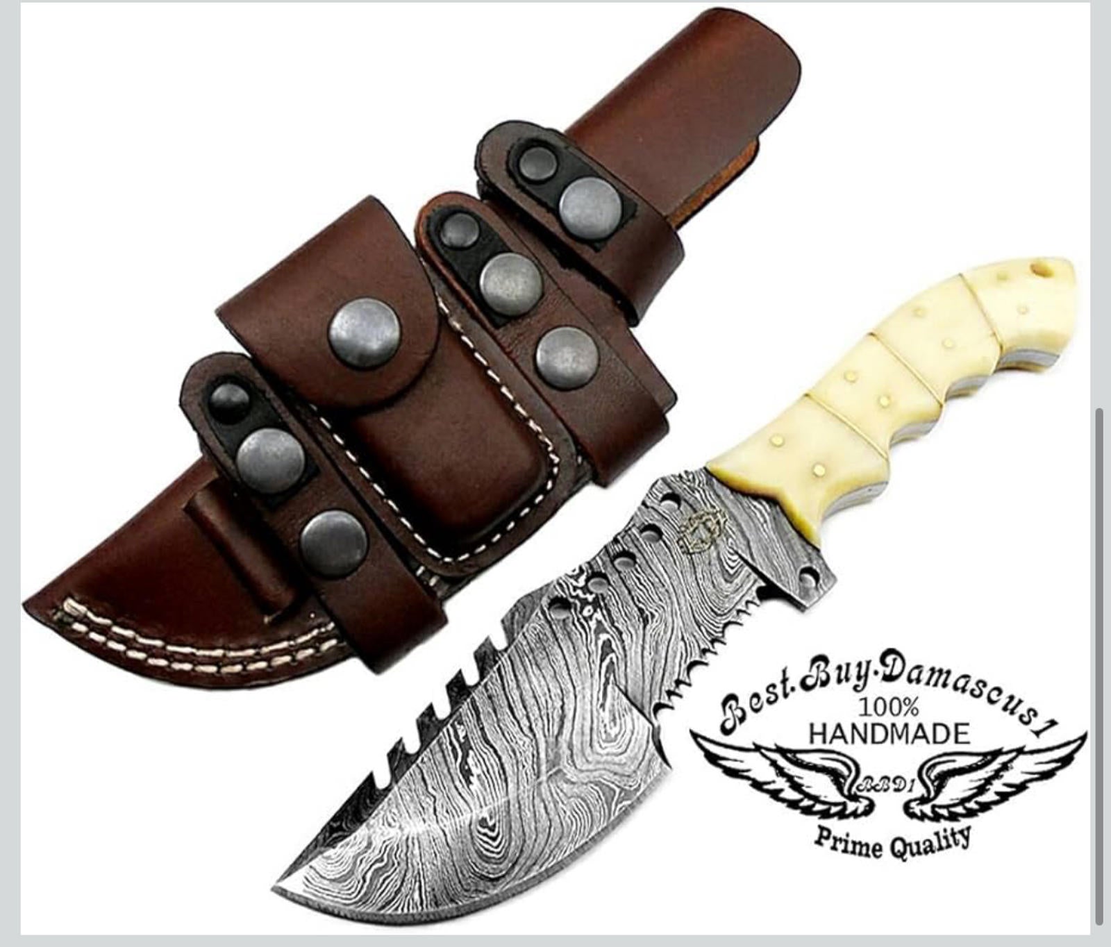 (NEW MSRP $69.99) 9.5” Camel Bone Damascus Tracker Knife– Handmade Outdoor Blade