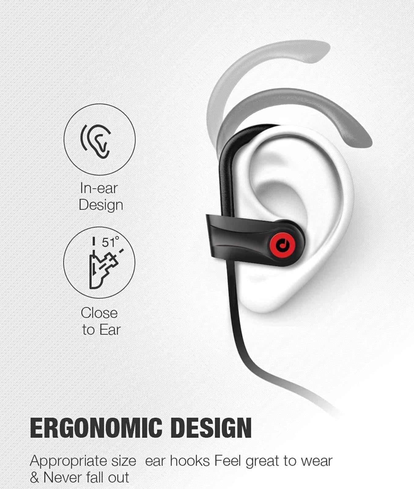 (MSRP $29.99) U18 Bluetooth Sports Earbuds – IPX7, Ear Hooks, 16 H Playtime
