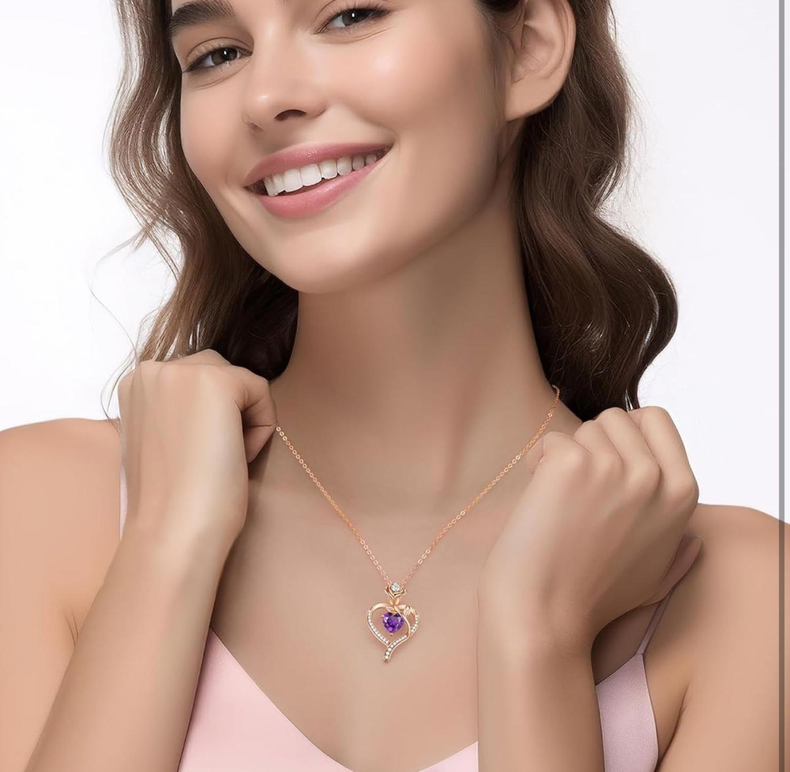 (NEW $89.99) LOUISA SECRET Rose Heart Feb Birthstone Necklace, 925 Silver