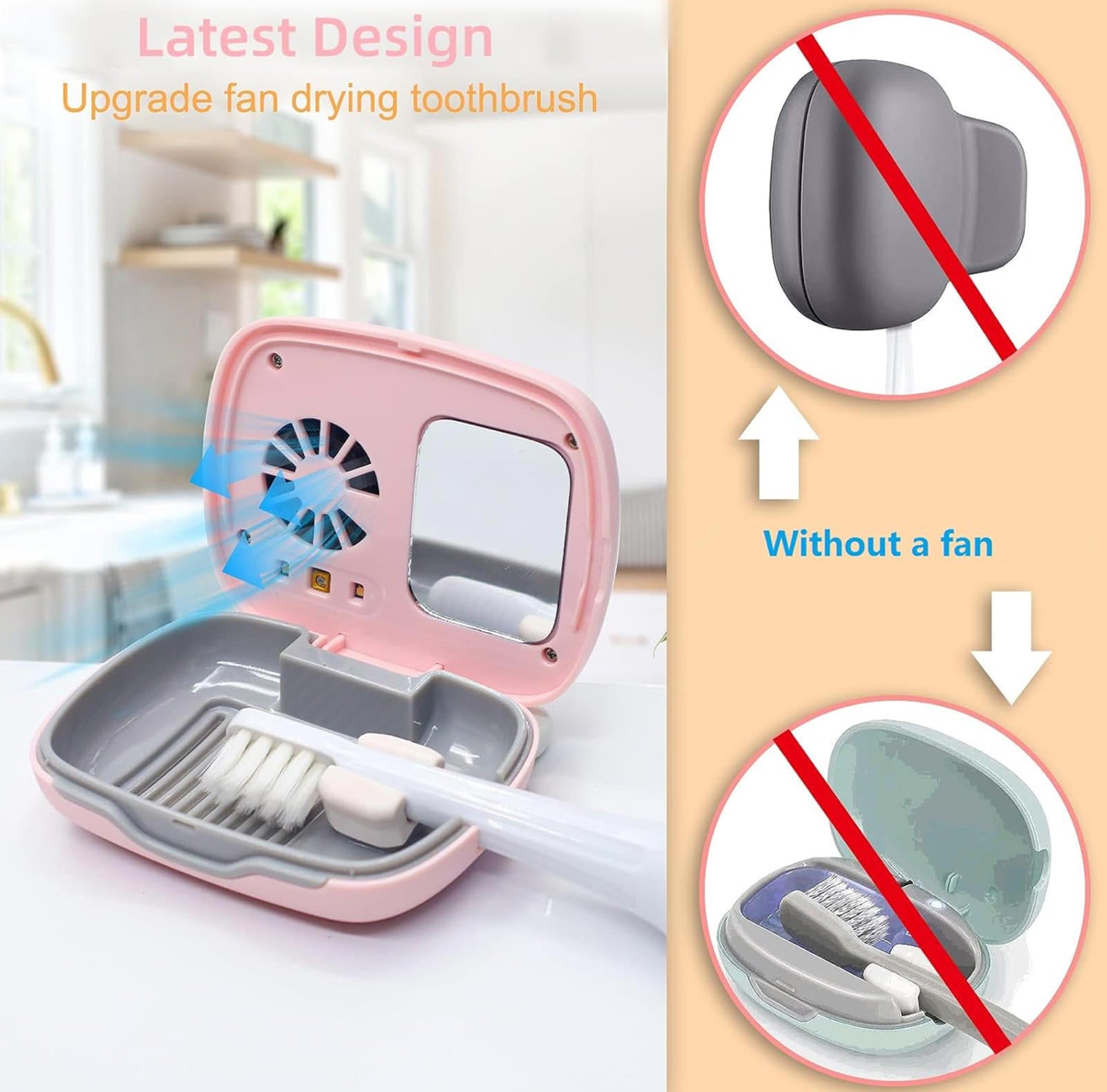 (MSRP $19.99) Mini Travel Toothbrush Case – Air Drying Fan+UV Drying Lamp (Pink)