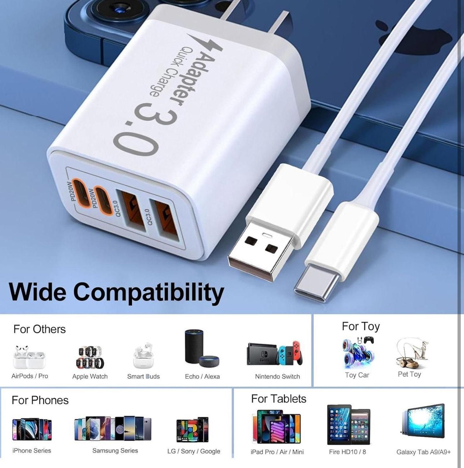 (MSRP $19.99) 2-Pack 40W 4-Port PD Fast Charger with 2×USB-C, 2× USB-A Cables