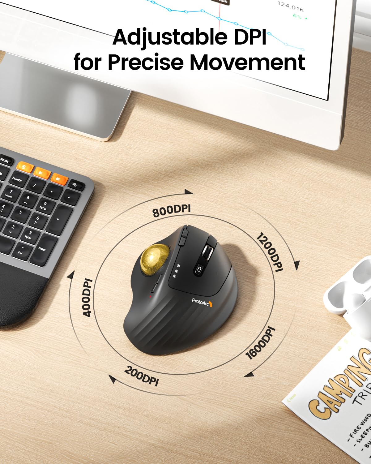 ProtoArc Wireless Trackball Mouse, EM01 NL Ergonomic Bluetooth Rollerball Thumb Rechargeable Computer Laptop Mouse, Adjustable Angle & 3 Device Connection for PC, Mac, Windows-Gray Ball