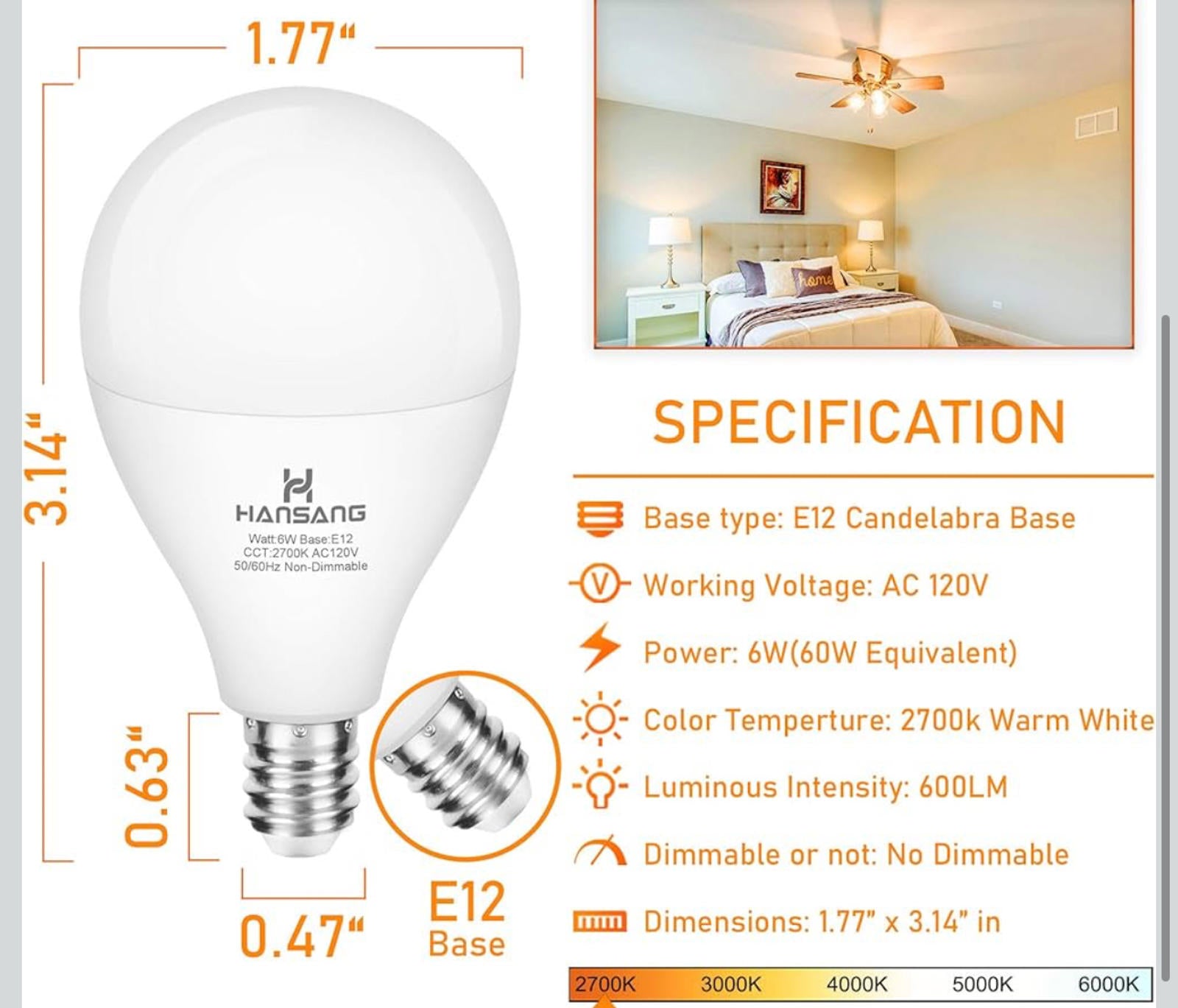 (MSRP $24.99) 6 W E12 LED Bulb – 60 W Equivalent, Warm White 2700 K