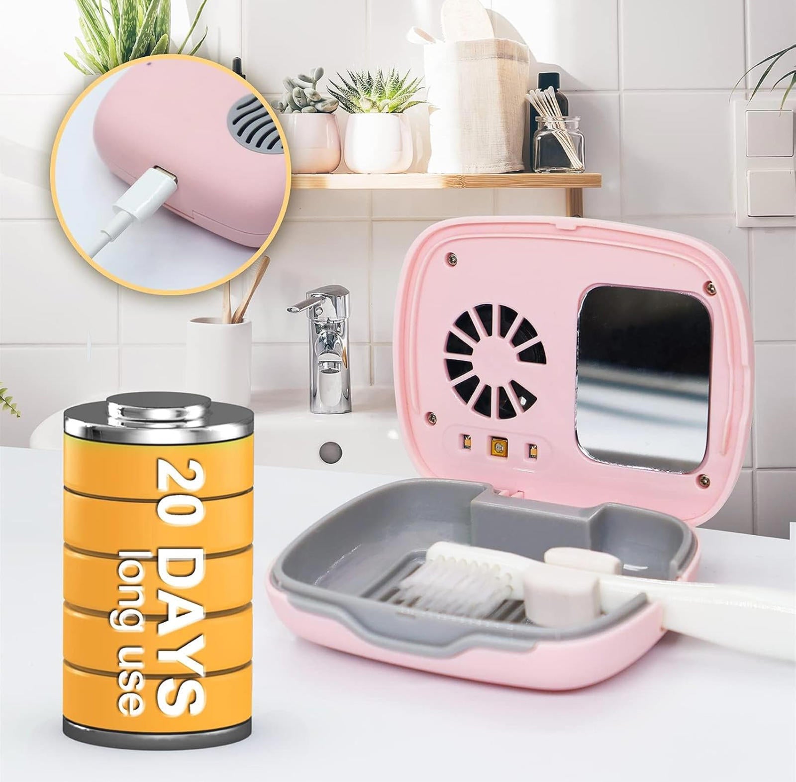 (MSRP $19.99) Mini Travel Toothbrush Case – Air Drying Fan+UV Drying Lamp (Pink)