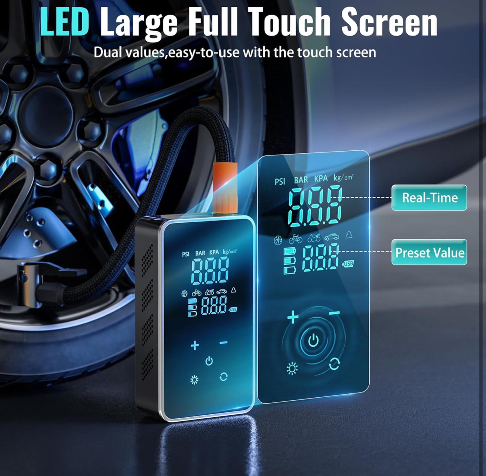 (MSRP $59.99) 18,000mAh 150 PSI Portable Tire Inflator,Touch Display, 4 Presets