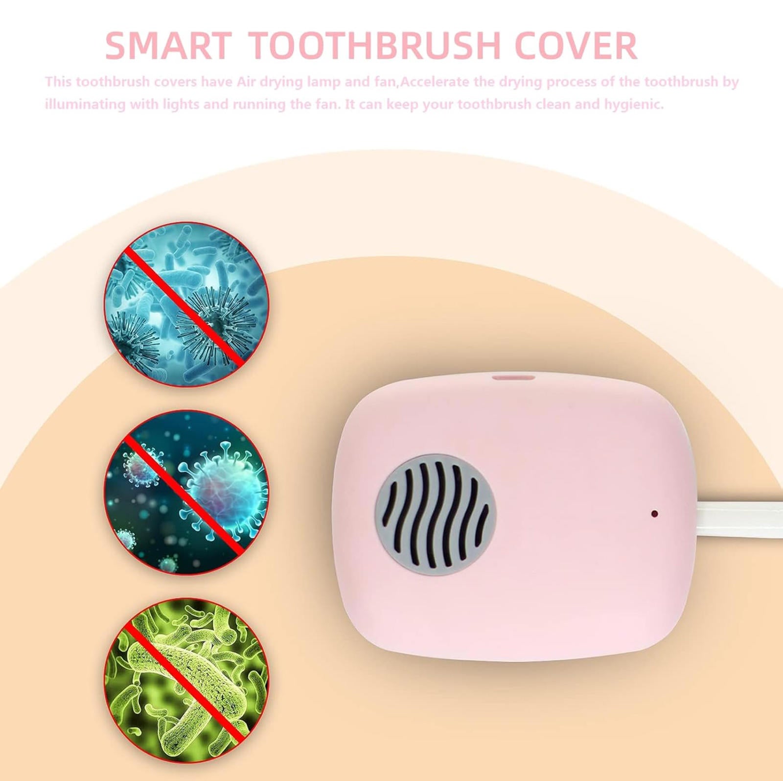 (MSRP $19.99) Mini Travel Toothbrush Case – Air Drying Fan+UV Drying Lamp (Pink)