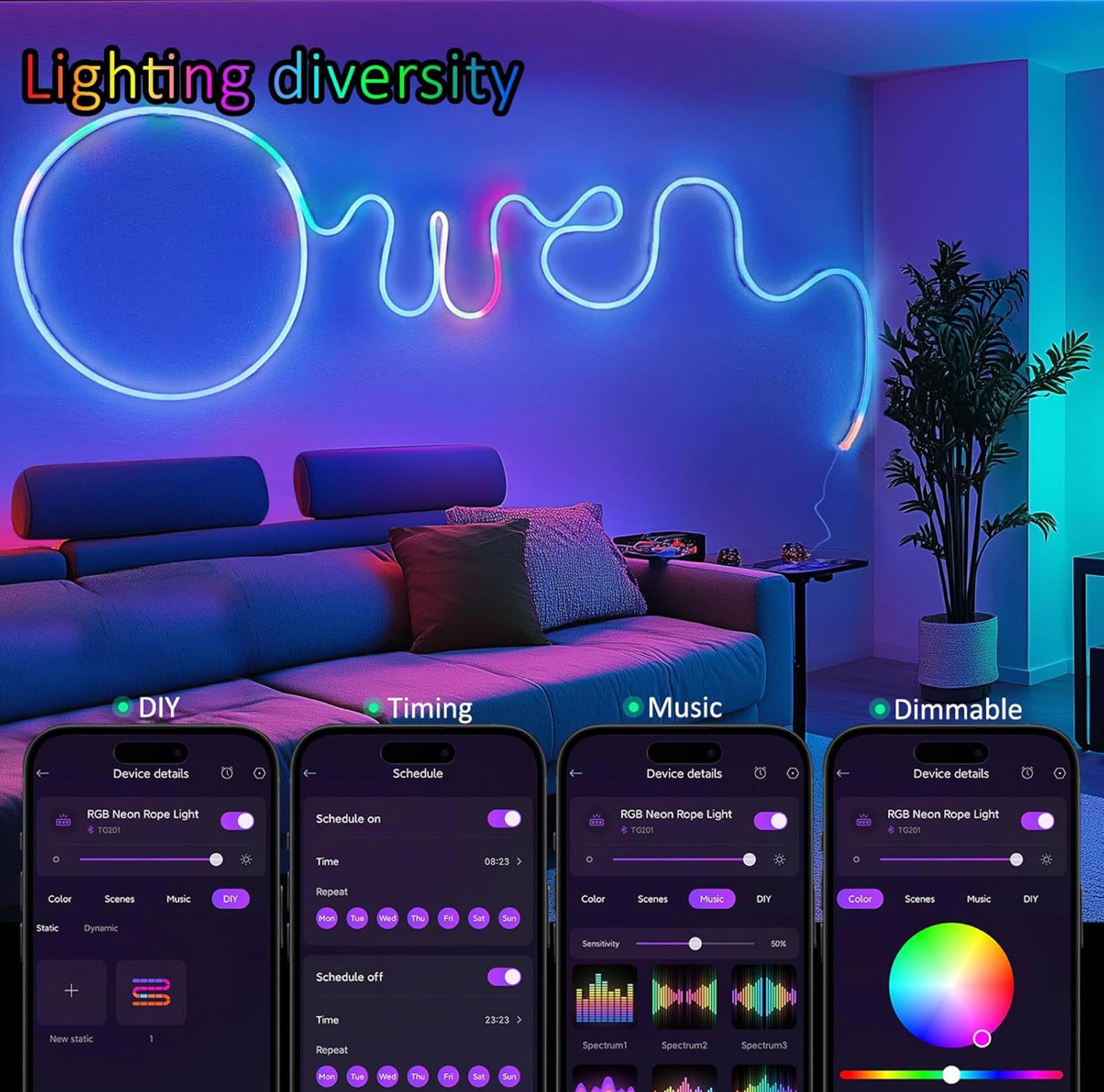 (NEW MSRP $19.99) 6.4ft LED Neon Rope Light Strip– App & Remote, Flexible Design