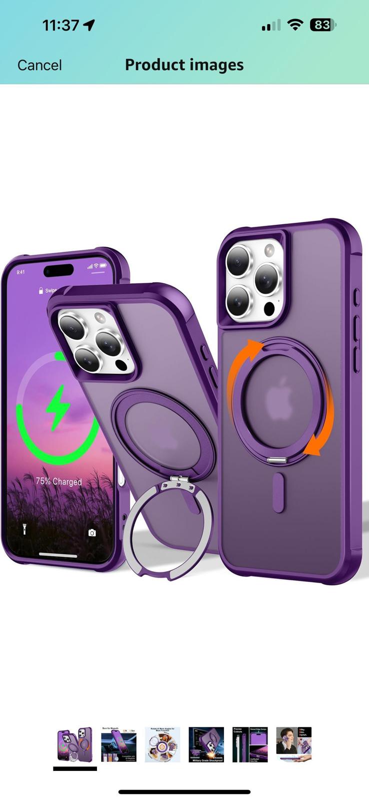 (New) Purple 360° Rotatable Magnetic Ring for iPhone 16 Pro Max Case, with Stand