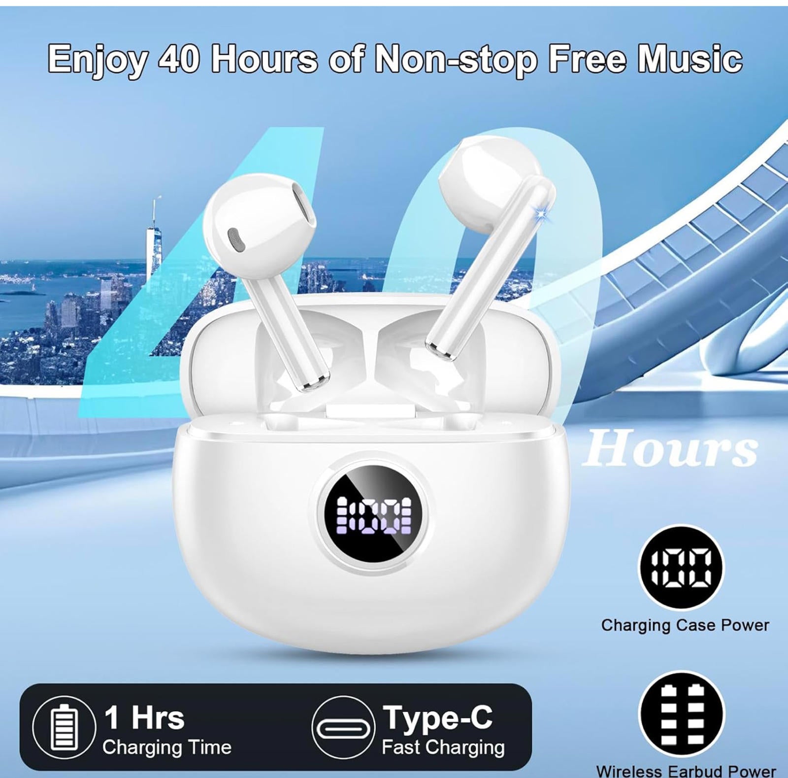 (MSRP $29.99) BT5.3 Earbuds – 40 Hrs Playtime, ENC Mic, LED Case, IP7 Waterproof
