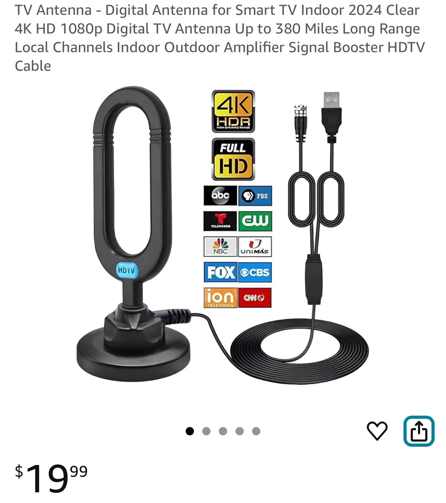 (MSRP $19.99) Indoor HDTV Antenna with Magnetic Base & Amplifier. 4K/1080p Ready