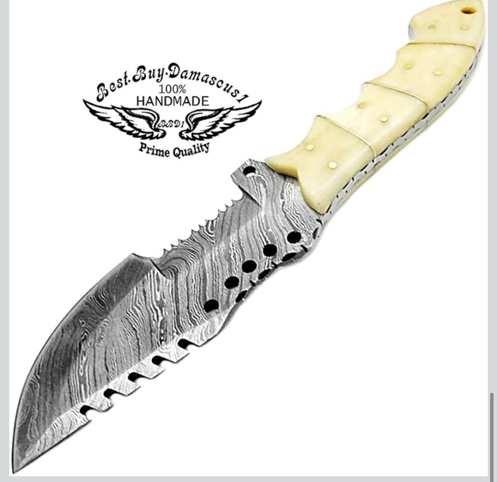 (NEW MSRP $69.99) 9.5” Camel Bone Damascus Tracker Knife– Handmade Outdoor Blade