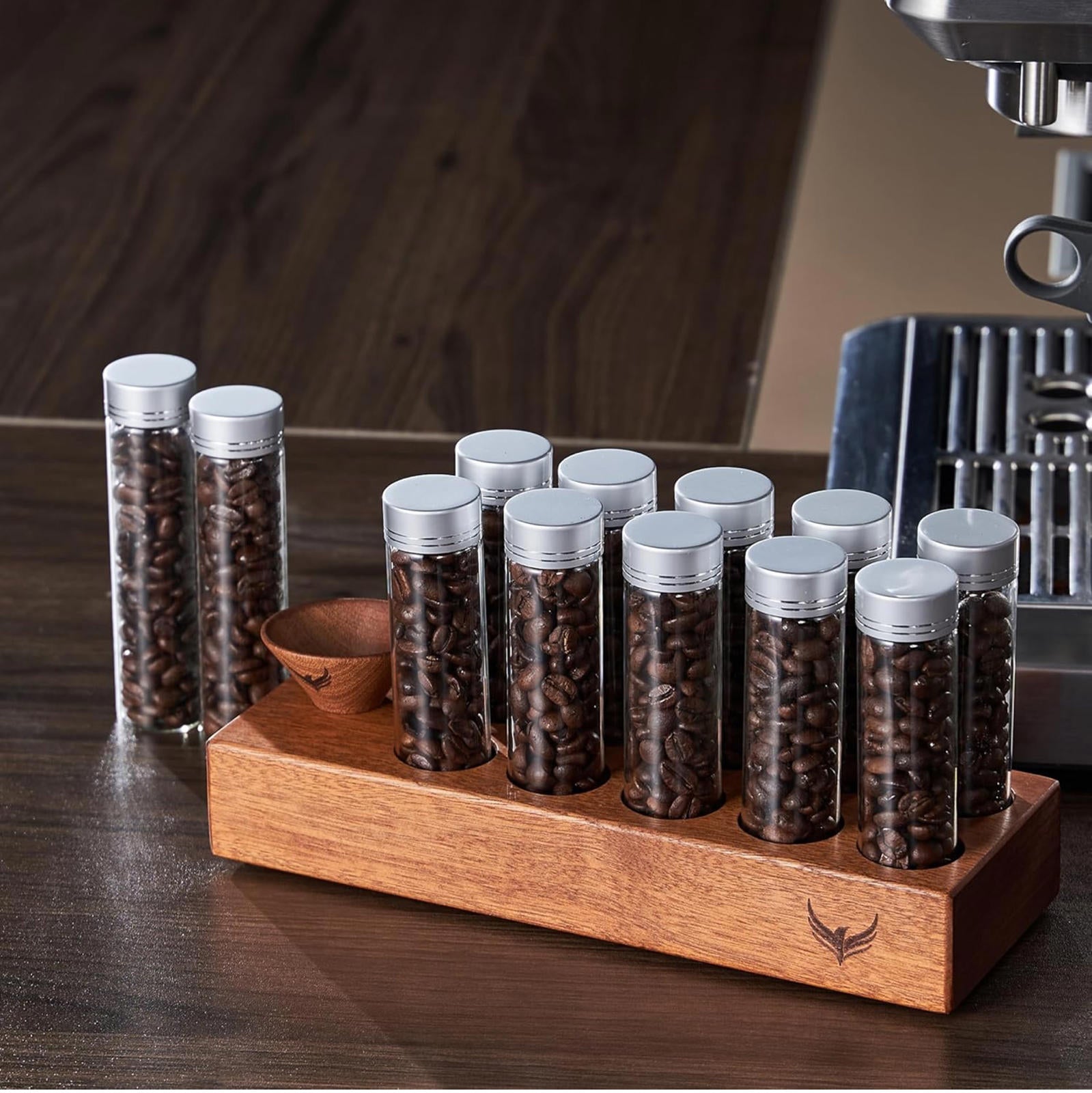(NEW MSRP $49.99) Coffee Dosing Tubes with Wood Stand & Funnel – 10× 2oz Vials ☕