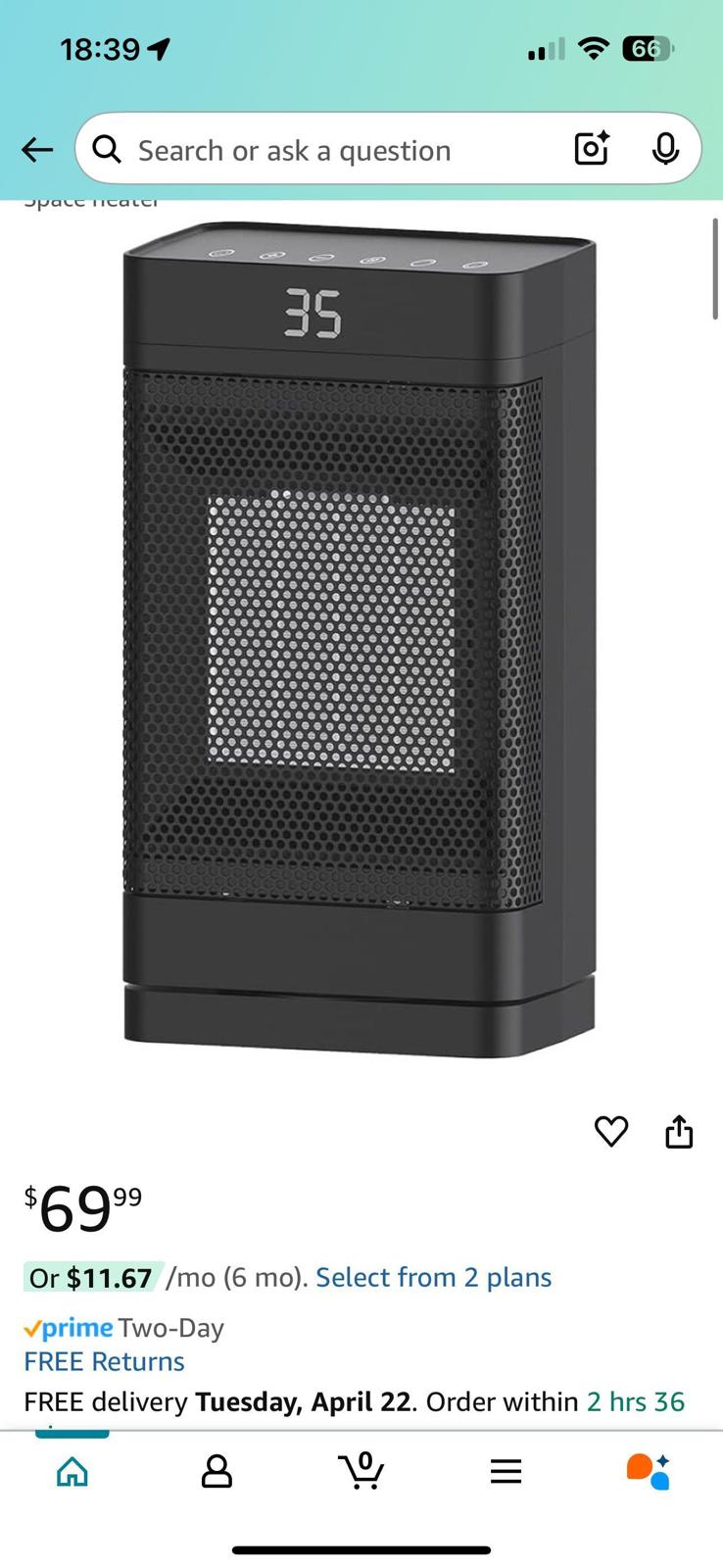 (NEW, MSRP $69.95) Space Heater 99'F/1500W Power,Portable Cermaic Heater