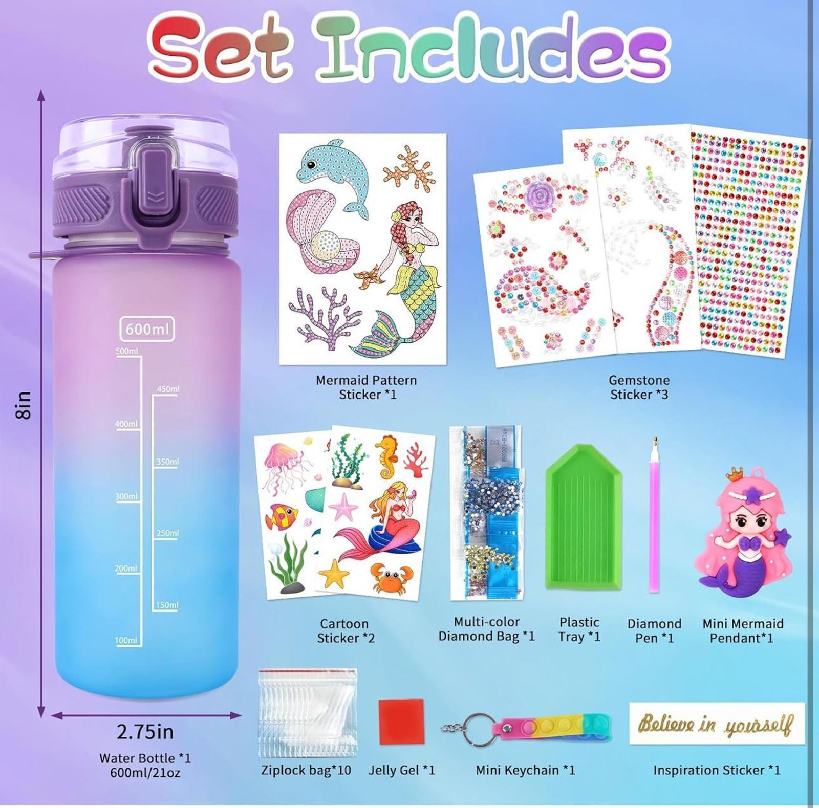(NEW MSRP $18.99) Mermaid Water Bottle DIY Decorating Kit for Girls (15-Piece)