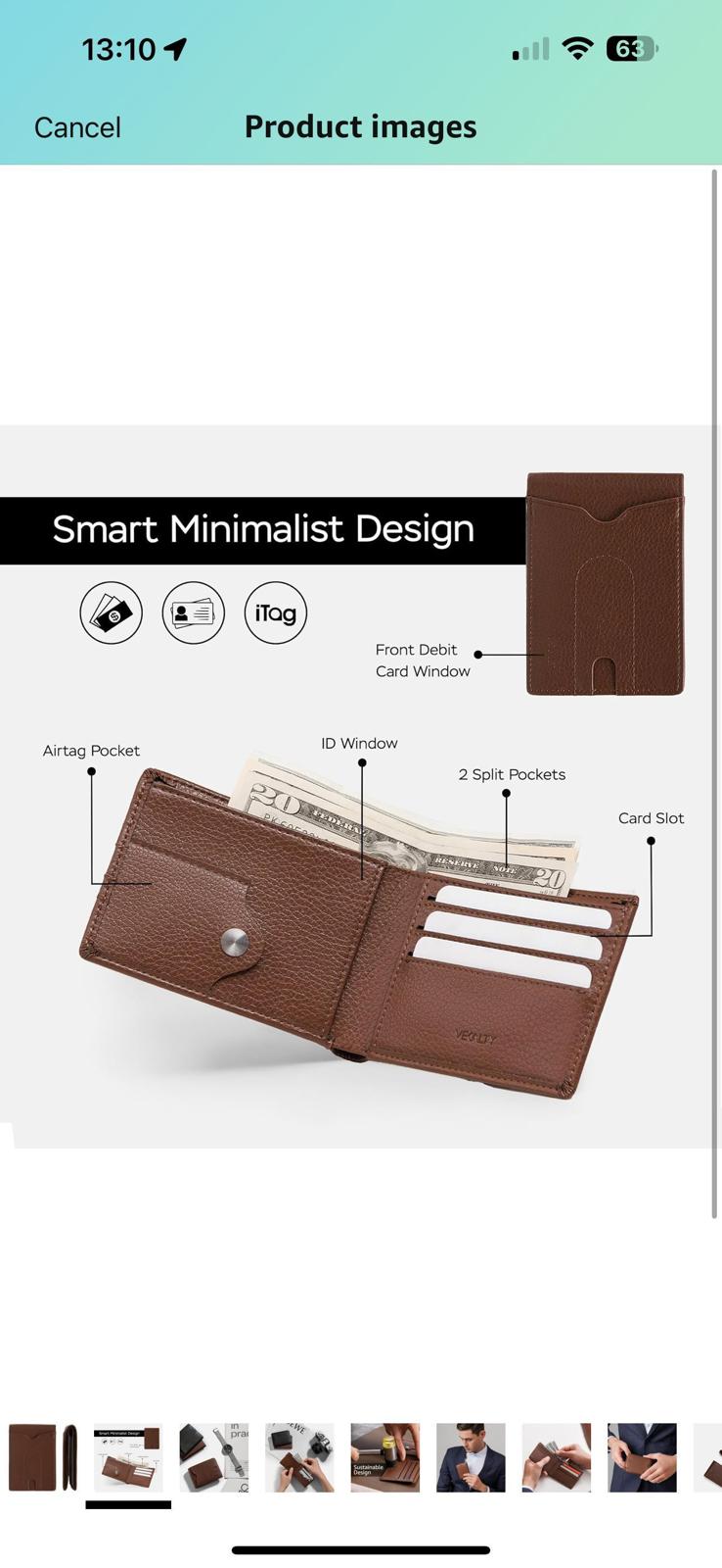 (New) Vegan Leather Brown Wallet Slim Bifold Front Pocket with Airtag Pouch