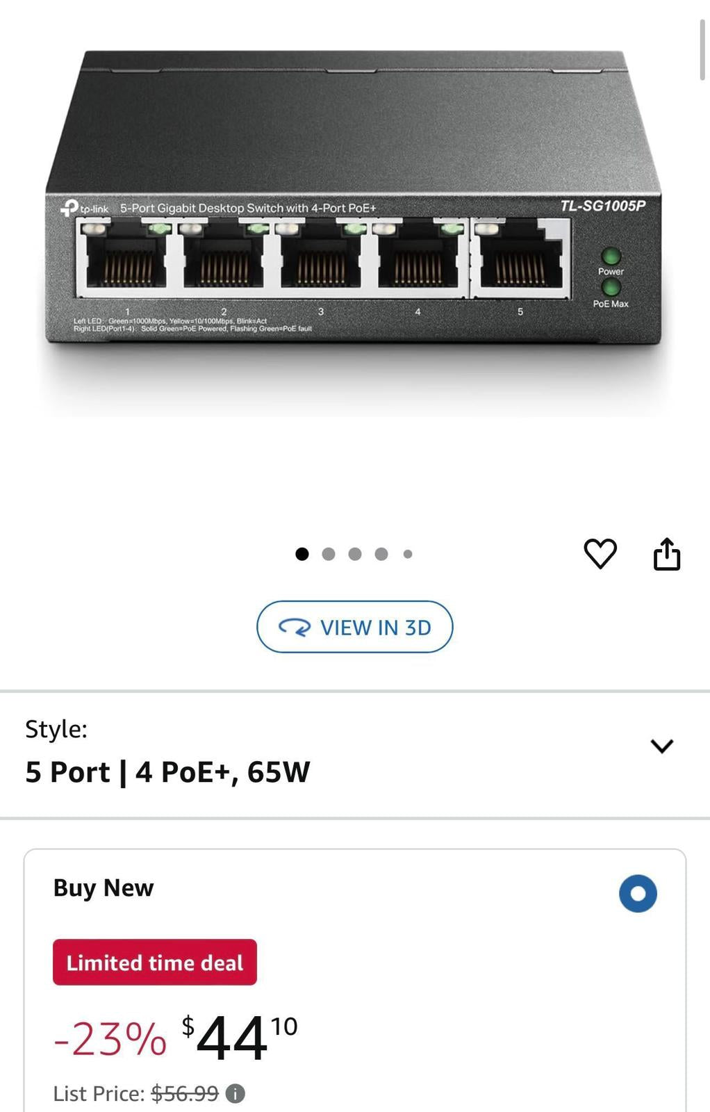 (NEW $56.95) TL-SG1005P, 5 Port Gigabit, 65W PoE Network Ethernet switch