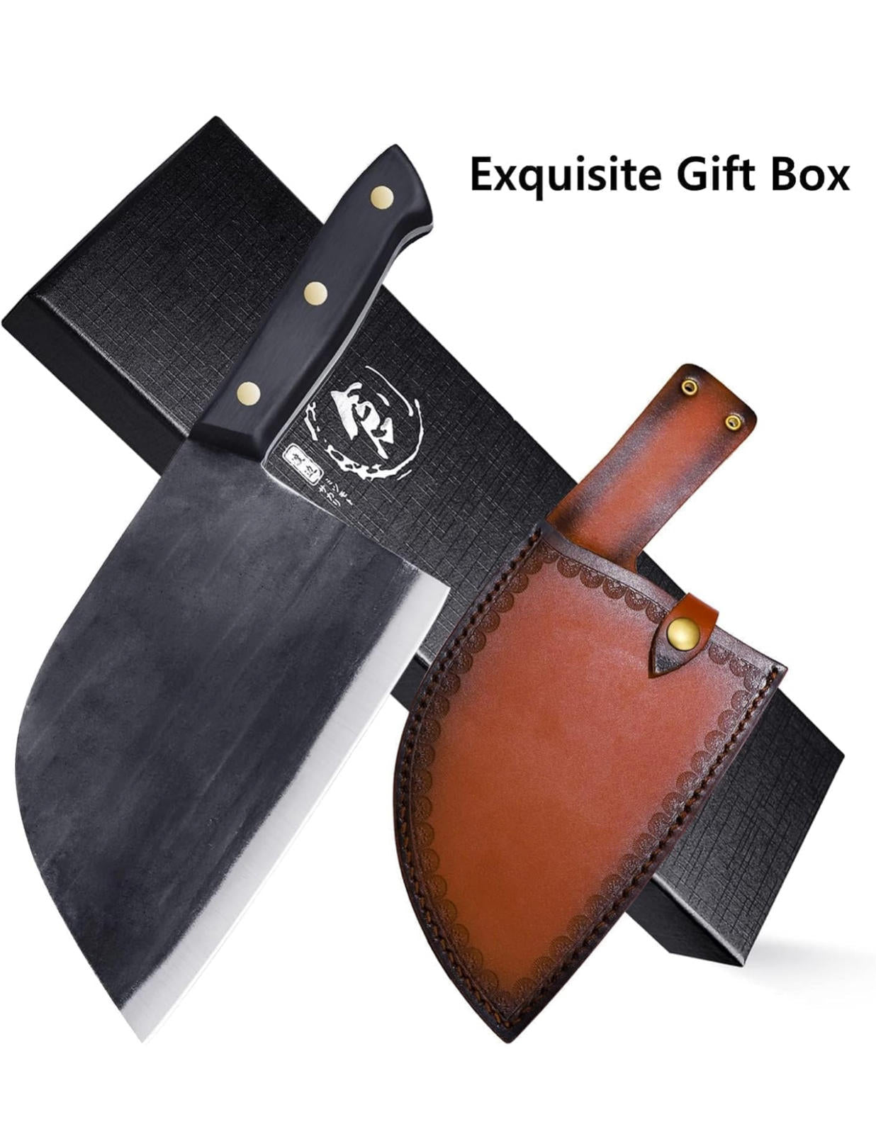 (MSRP $39.99) Serbian Chef Knife – Forged Cleaver with BROWN Leather Sheath