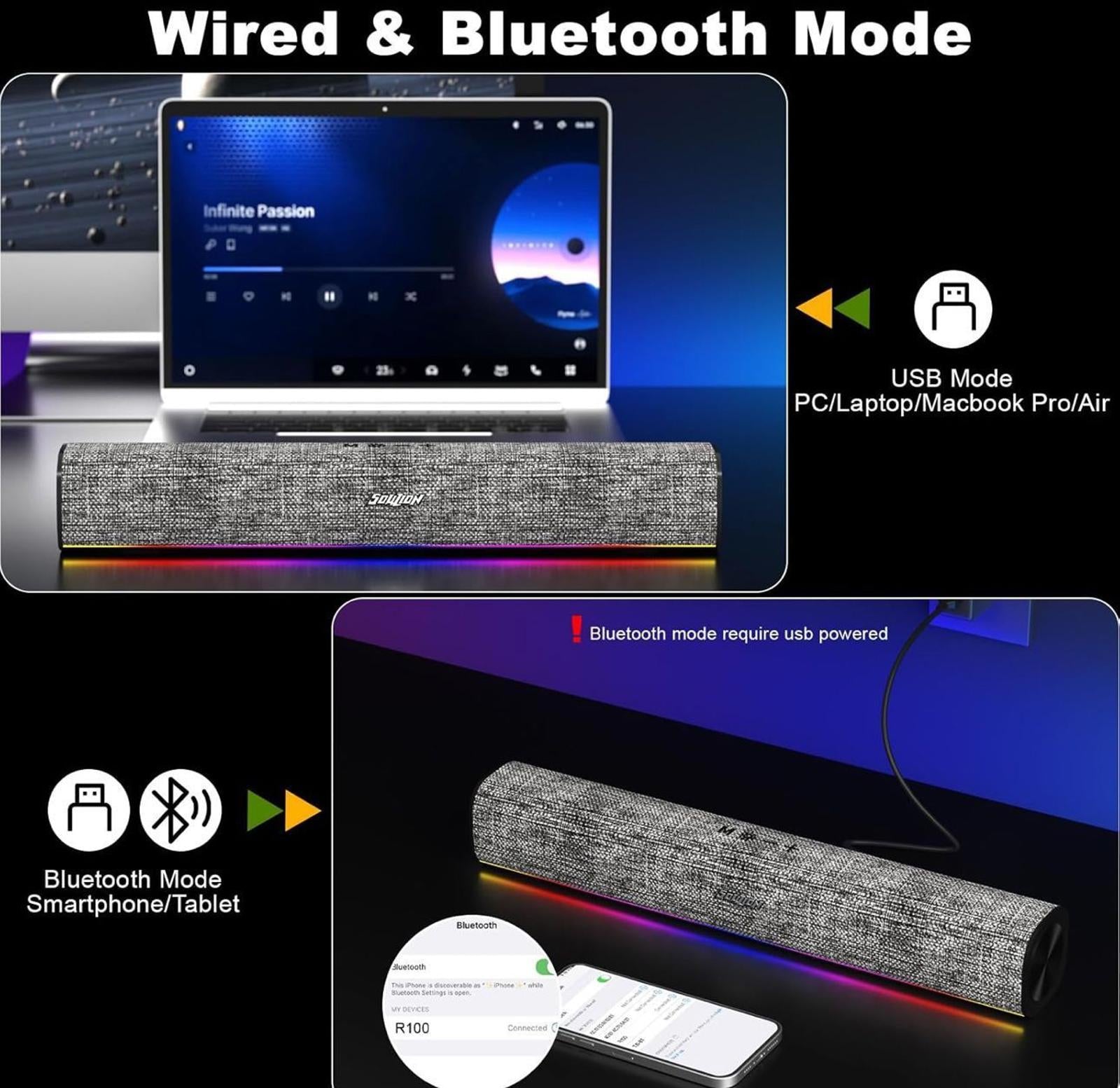 (NEW, MSRP $28.99) R100 Bluetooth Computer Speakers with Dynamic LED Light