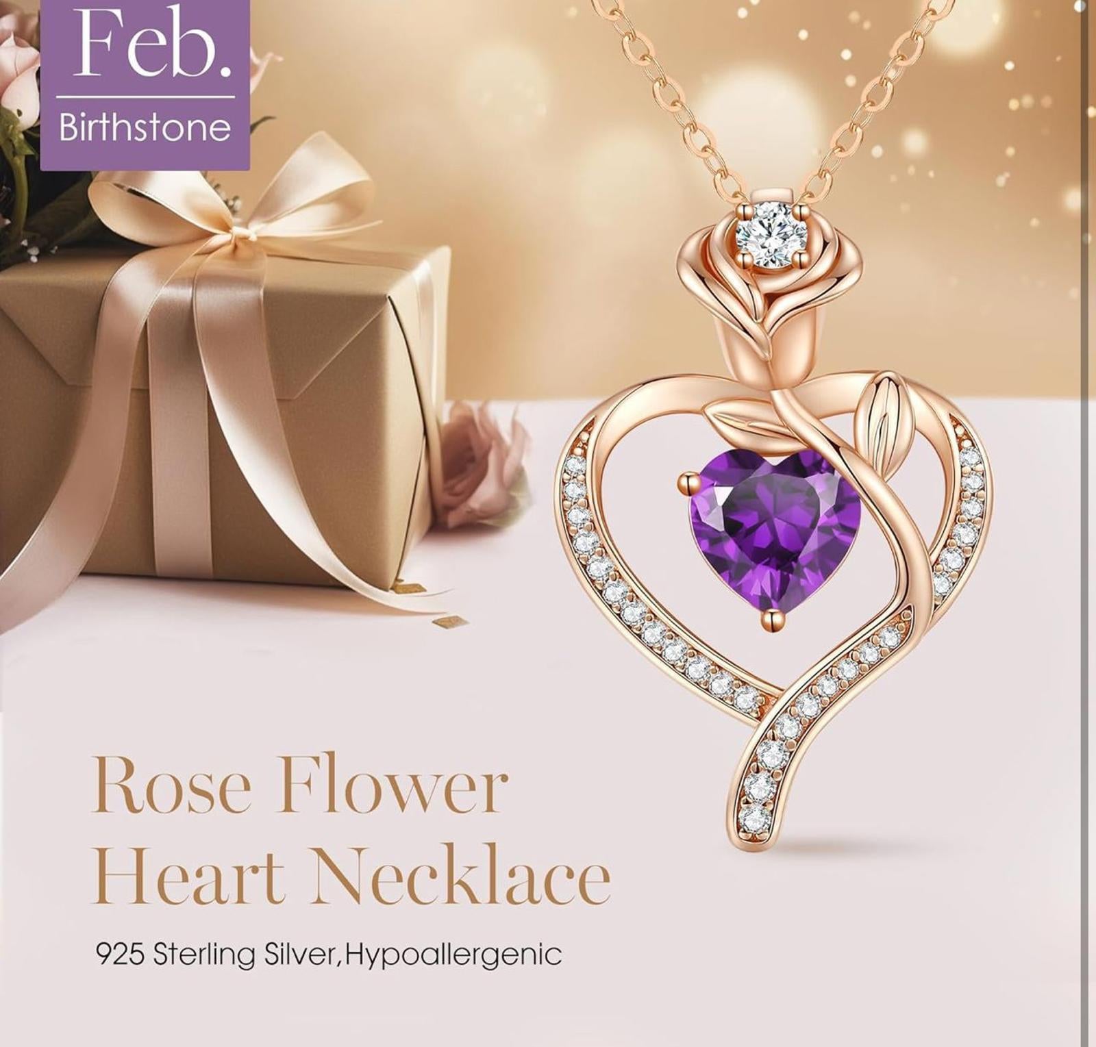 (NEW $89.99) LOUISA SECRET Rose Heart Feb Birthstone Necklace, 925 Silver