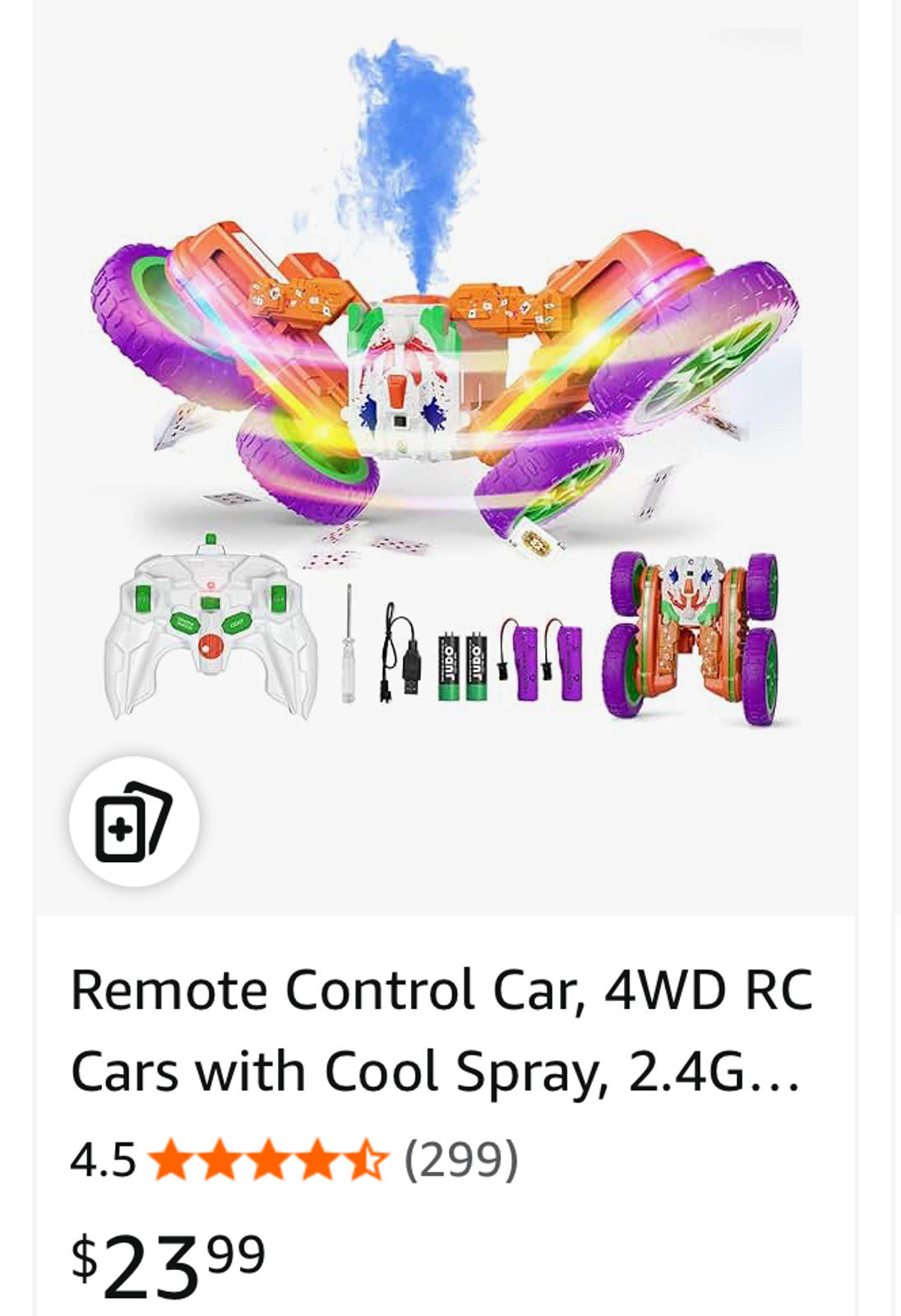 (MSRP $29.99)  4WD RC Stunt Car – 360° Rotating, Dual-Motor,Spray & LED Lights