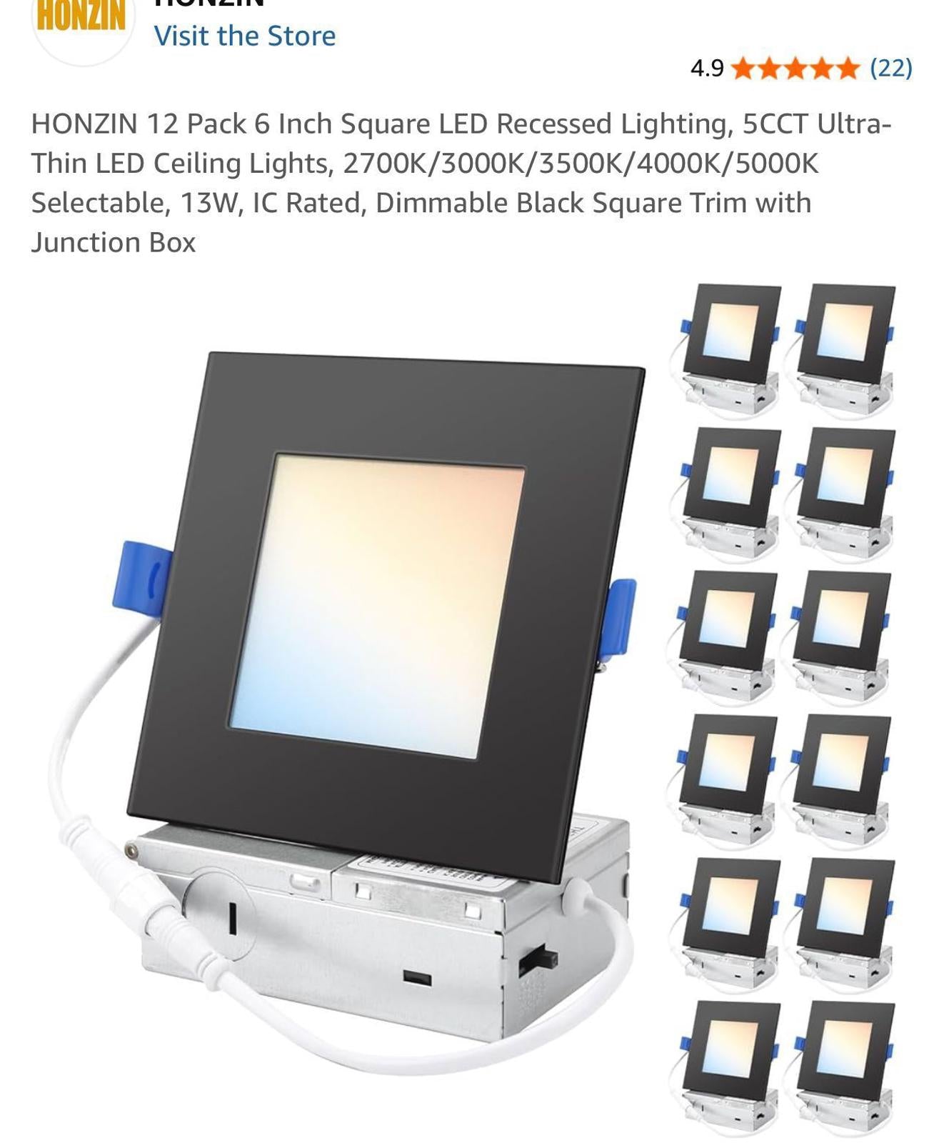 (NEW $149.99) 12-Pack 6″ Square 5CCT Ultra-Thin Dimmable LED Recessed Lights