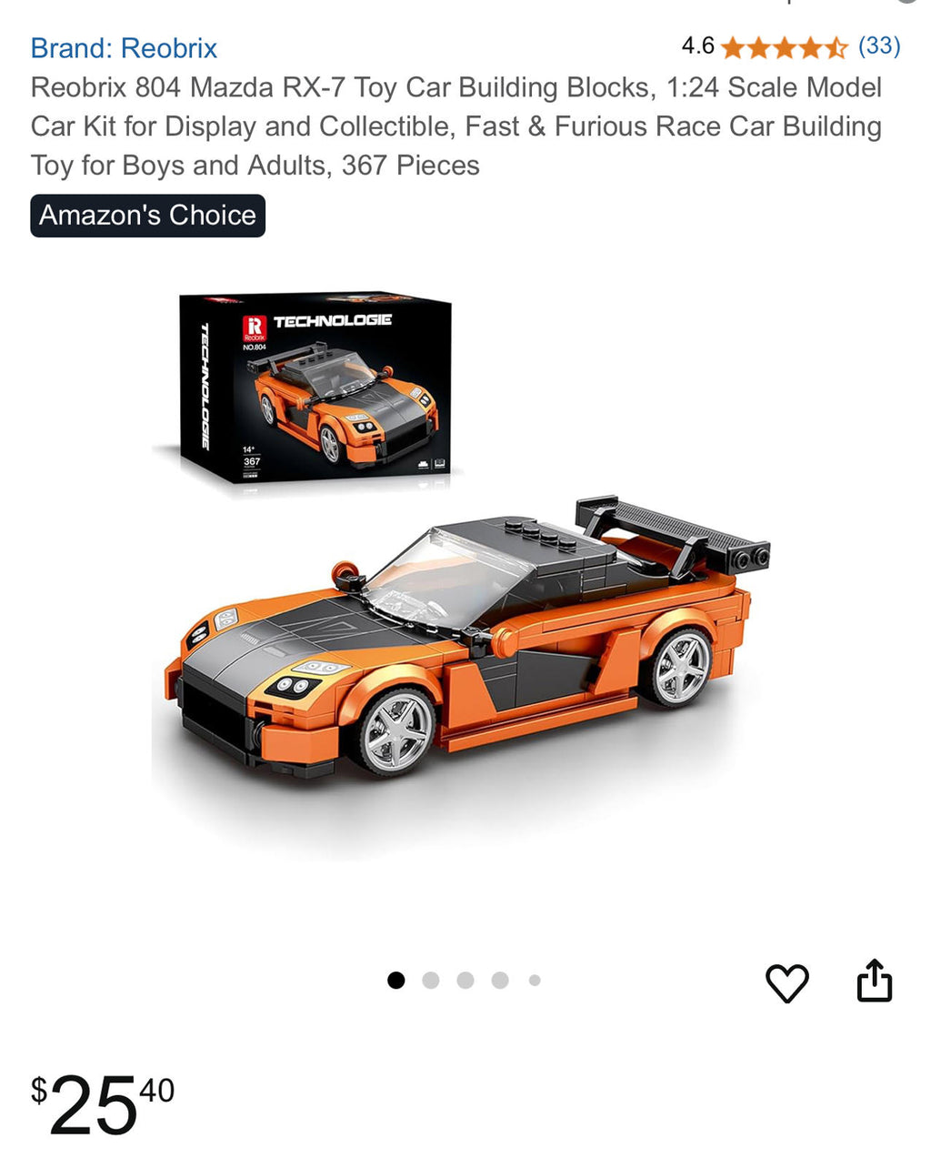 (NEW MSRP $25.99) Reobrix Mazda RX-7 Building Block Kit – 1:24 Scale Racing Car