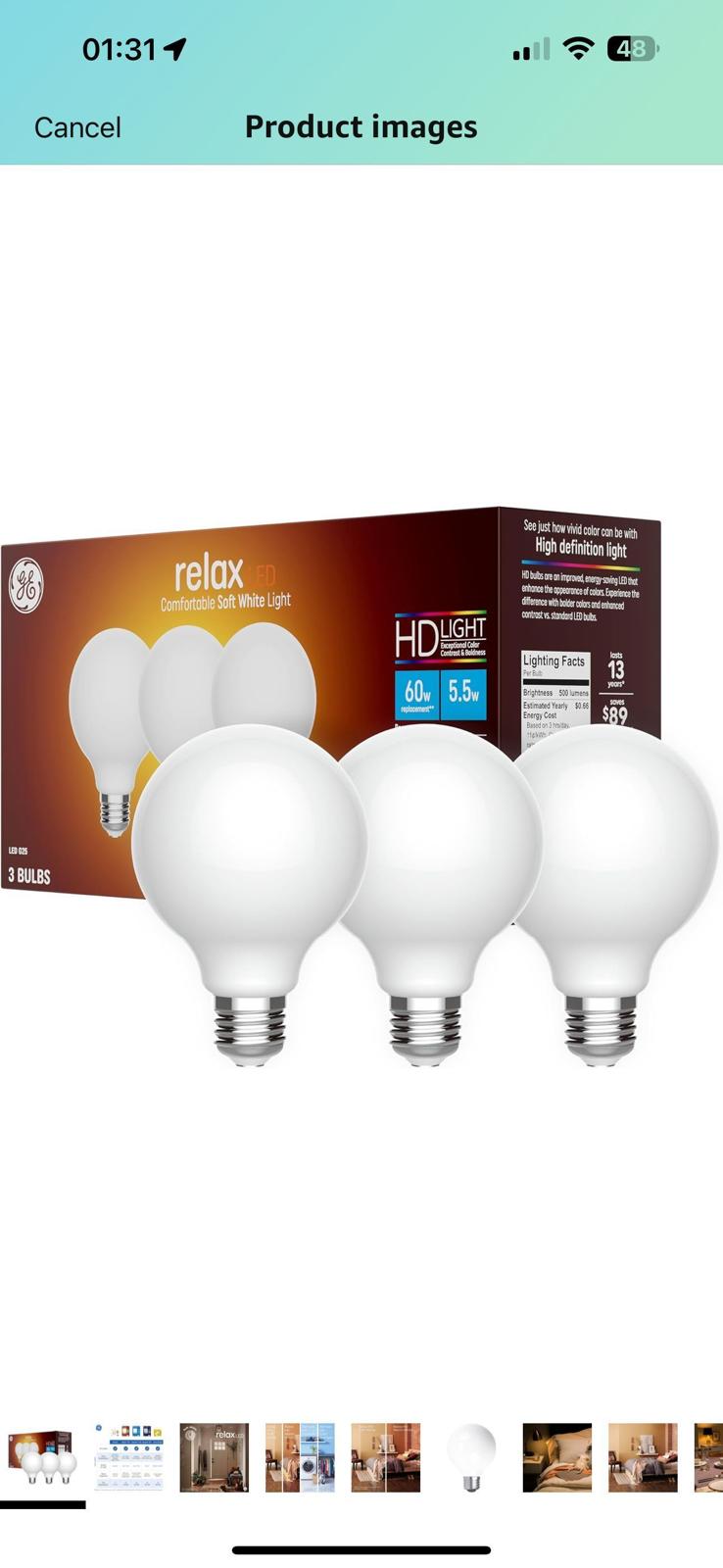 (MSRP $18.99) GE Relax HD Soft White 60W Frosted G25 LED Light Bulbs, 3-Pack