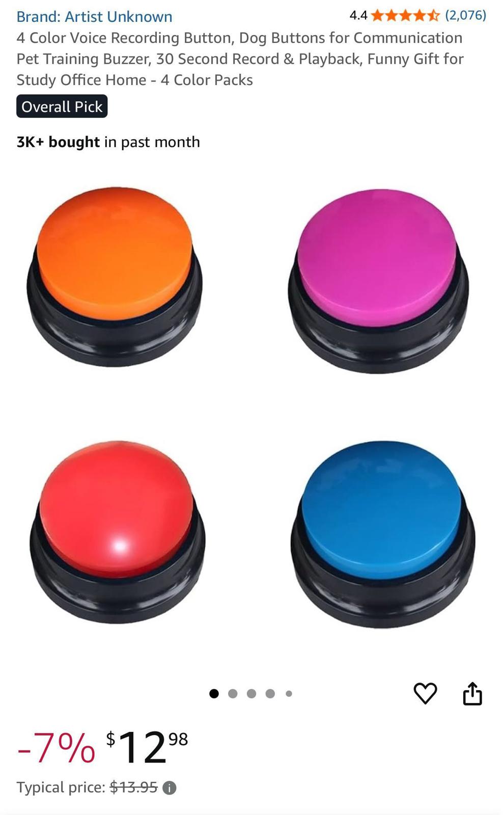 (NEW MSRP $19.99) 4 Color Voice Recording Button, Dog Buttons for Pet Training