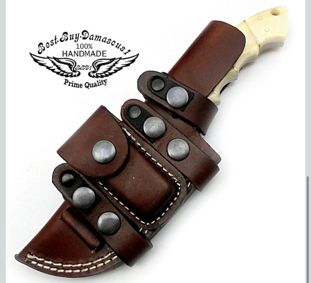 (NEW MSRP $69.99) 9.5” Camel Bone Damascus Tracker Knife– Handmade Outdoor Blade