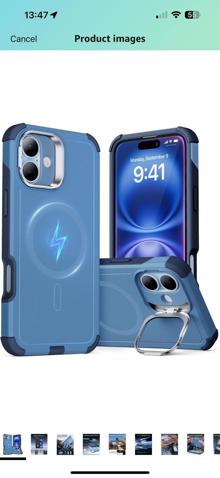 (open box) ESR iPhone 16 Blue Case with Stand, 23FT Military-Grade Protection
