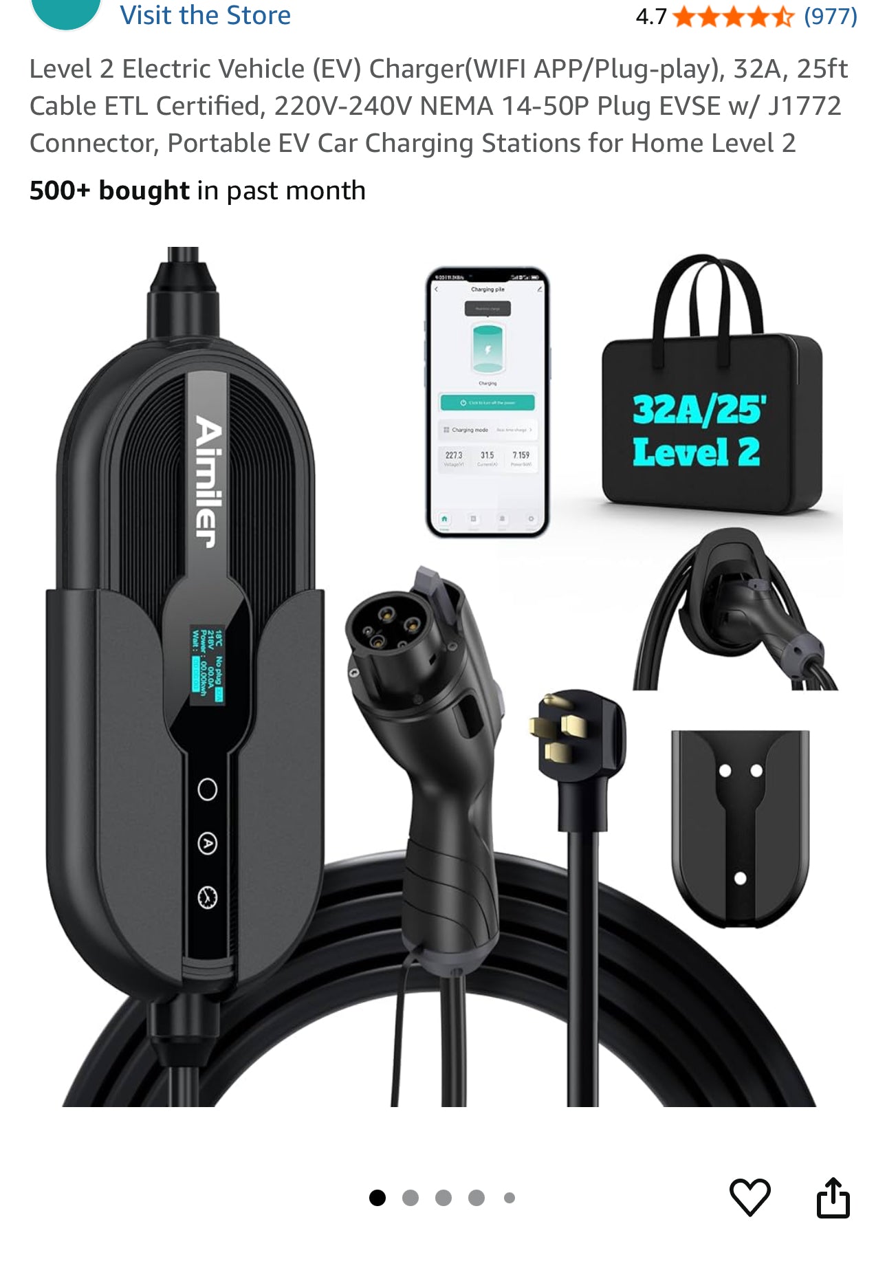 (NEW MSRP $299.99) Level 2 Electric Vehicle Charger, 32A 240V NEMA 14-50 Plug