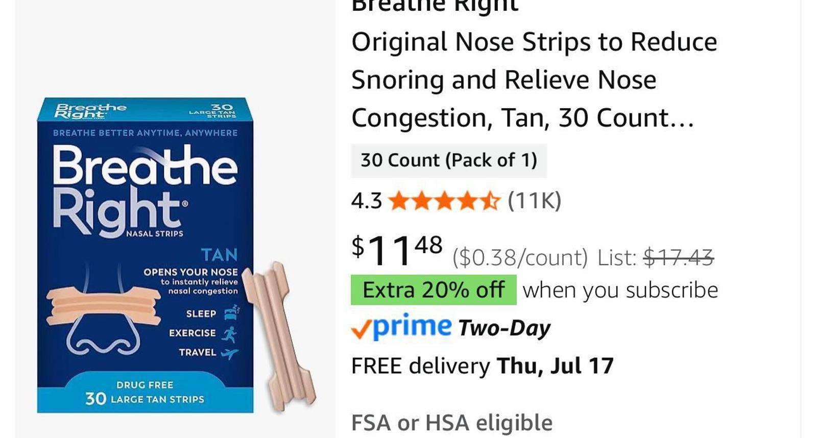 (MSRP $17.43) Breathe Right Original Nose Strips to Reduce Snoring