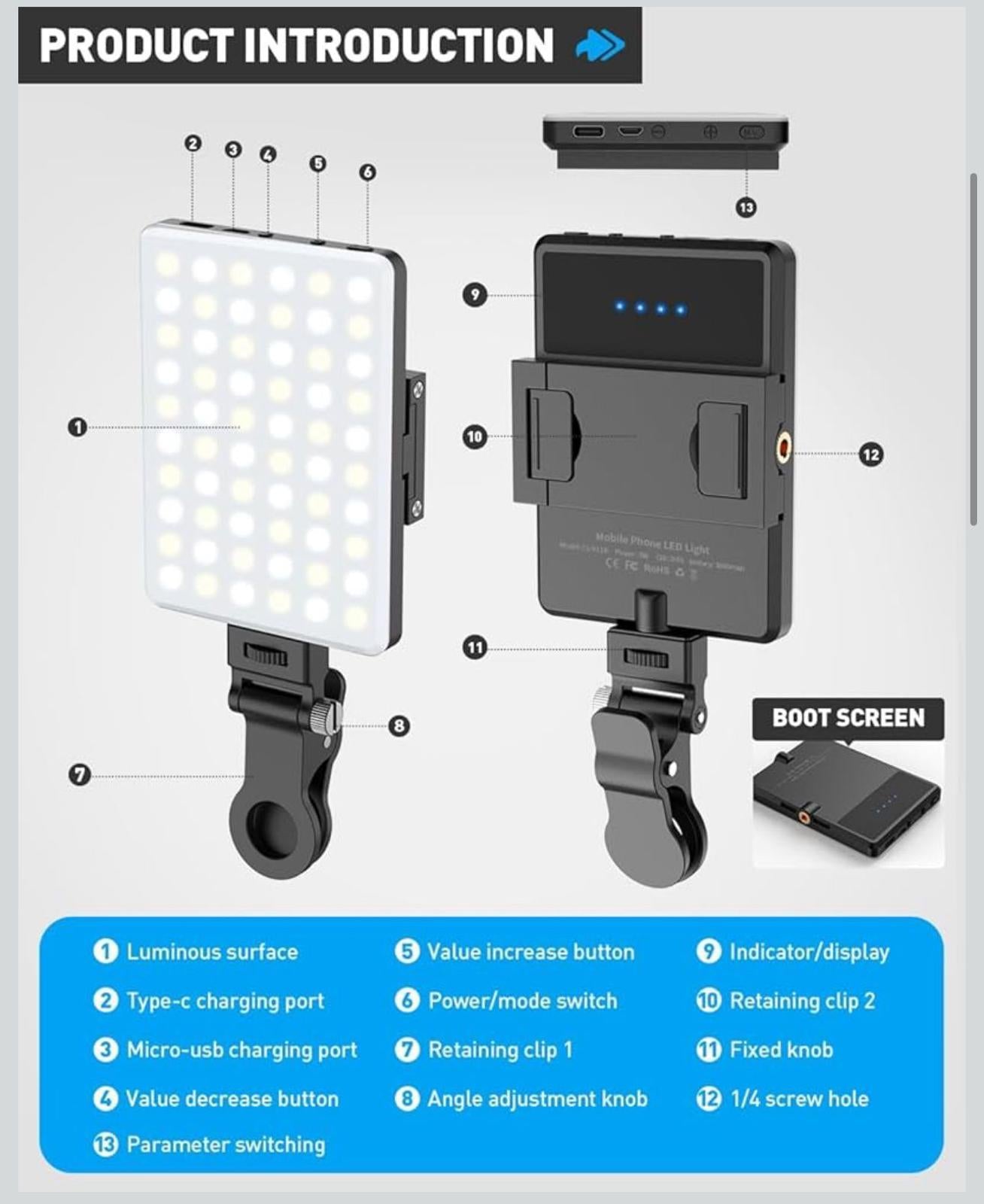 (NEW, MSRP $49) Portable LED Selfie / Fill Photo Light, USB-C, 4800mAh battery