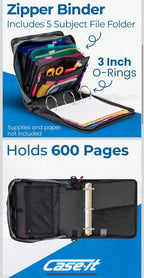 (NEW MSRP $24) Case-it Mighty Zip Tab Zipper Binder, 3" O-Ring with 5-Color tabs