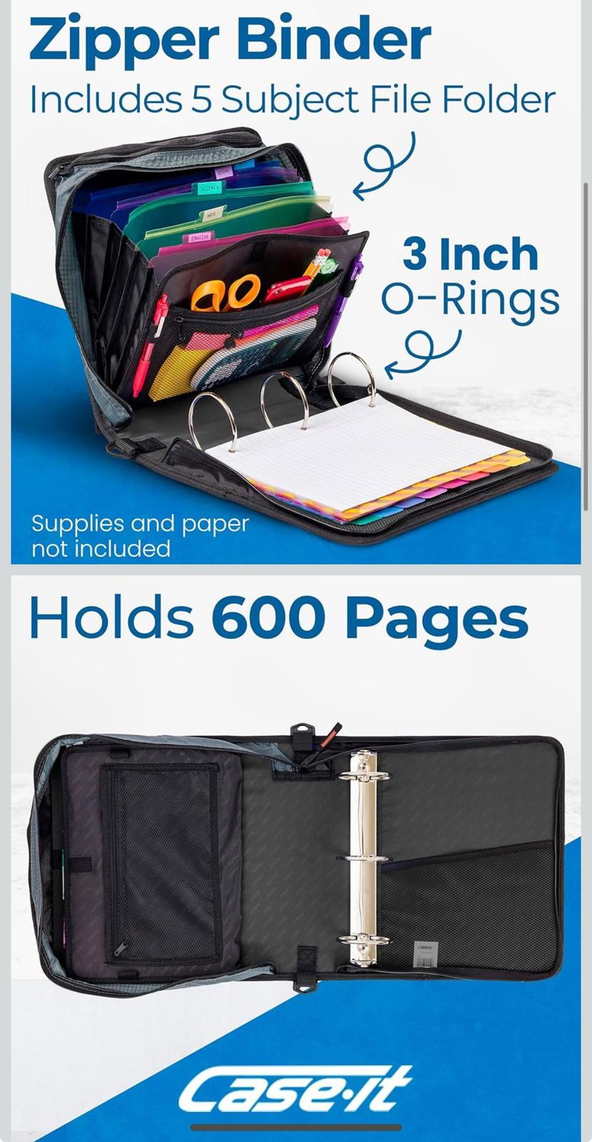 (NEW MSRP $24) Case-it Mighty Zip Tab Zipper Binder, 3" O-Ring with 5-Color tabs
