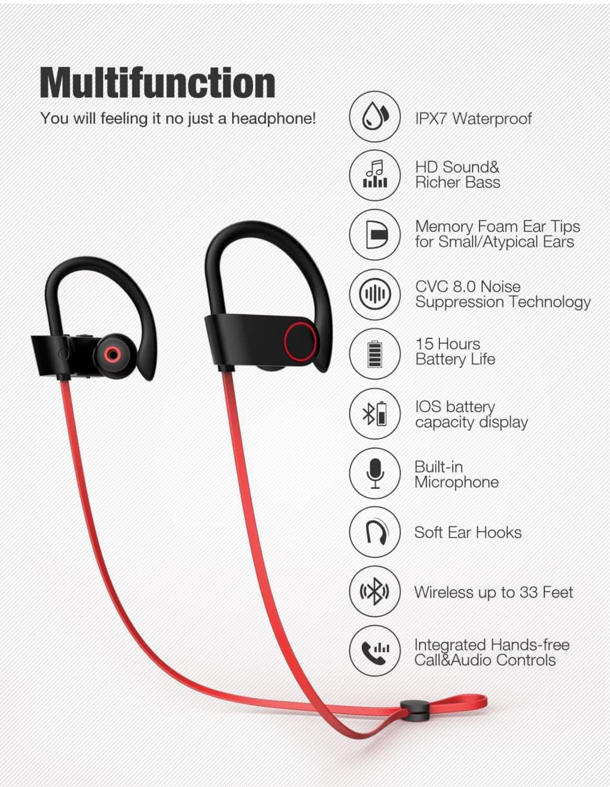 (MSRP $29.99) Otium U8 Bluetooth Earbuds – IPX7 Waterproof, Ear Hooks, 10 H Play