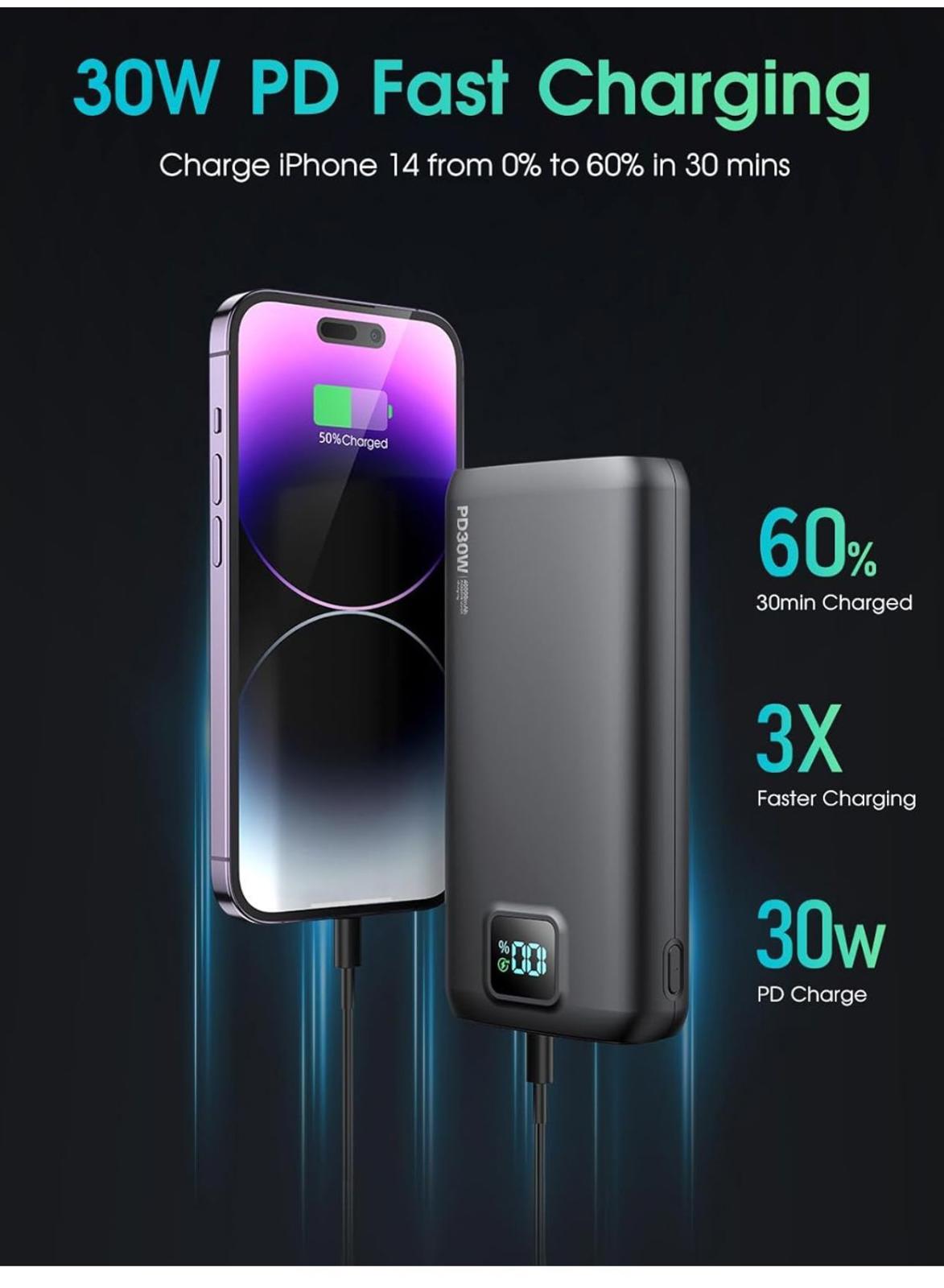 (NEW MSRP $39.99) Power Bank QC4.0+PD USB-C w/ LED Display. USB-c & iPhone cable