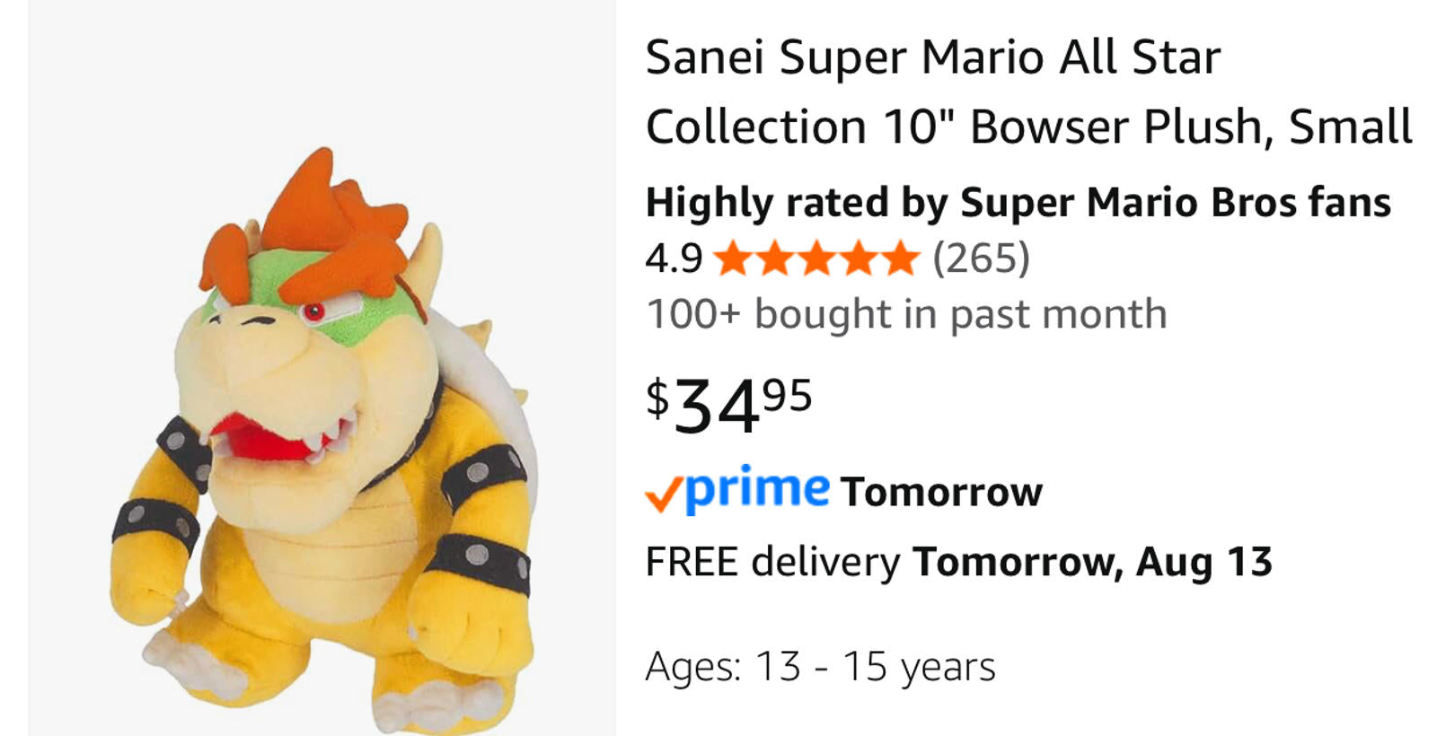 (NEW, SEALED,MSRP $34.95)  Super Mario All-Star Collection Bowser Plush 10″