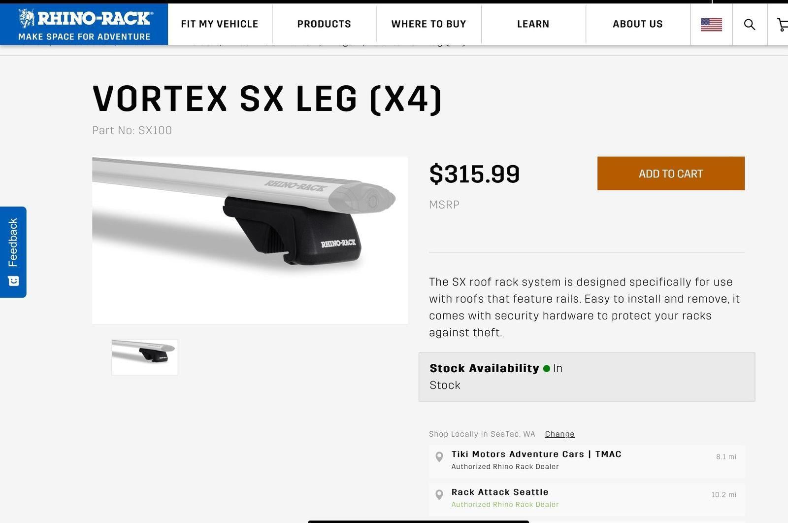(NEW MSRP $538) RHINO RACK Vortex SX Roof Rack System
