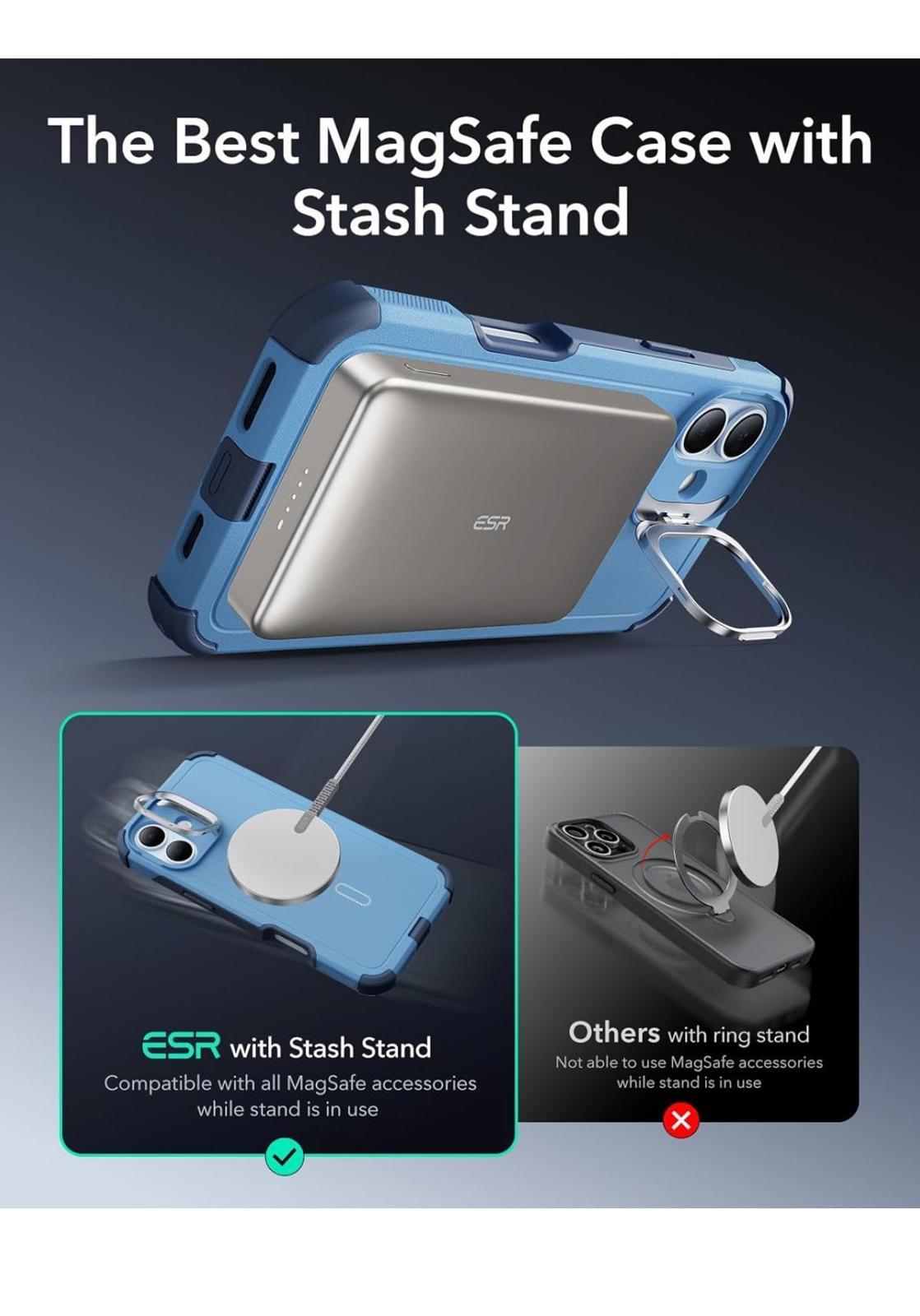 (open box) ESR iPhone 16 Blue Case with Stand, 23FT Military-Grade Protection