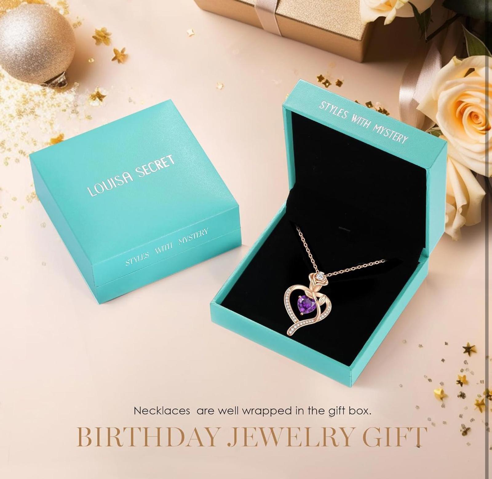 (NEW $89.99) LOUISA SECRET Rose Heart Feb Birthstone Necklace, 925 Silver