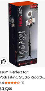 (NEW MSRP $35) Halo Selfie Stick extendable to 4' with ring light and BT shutter