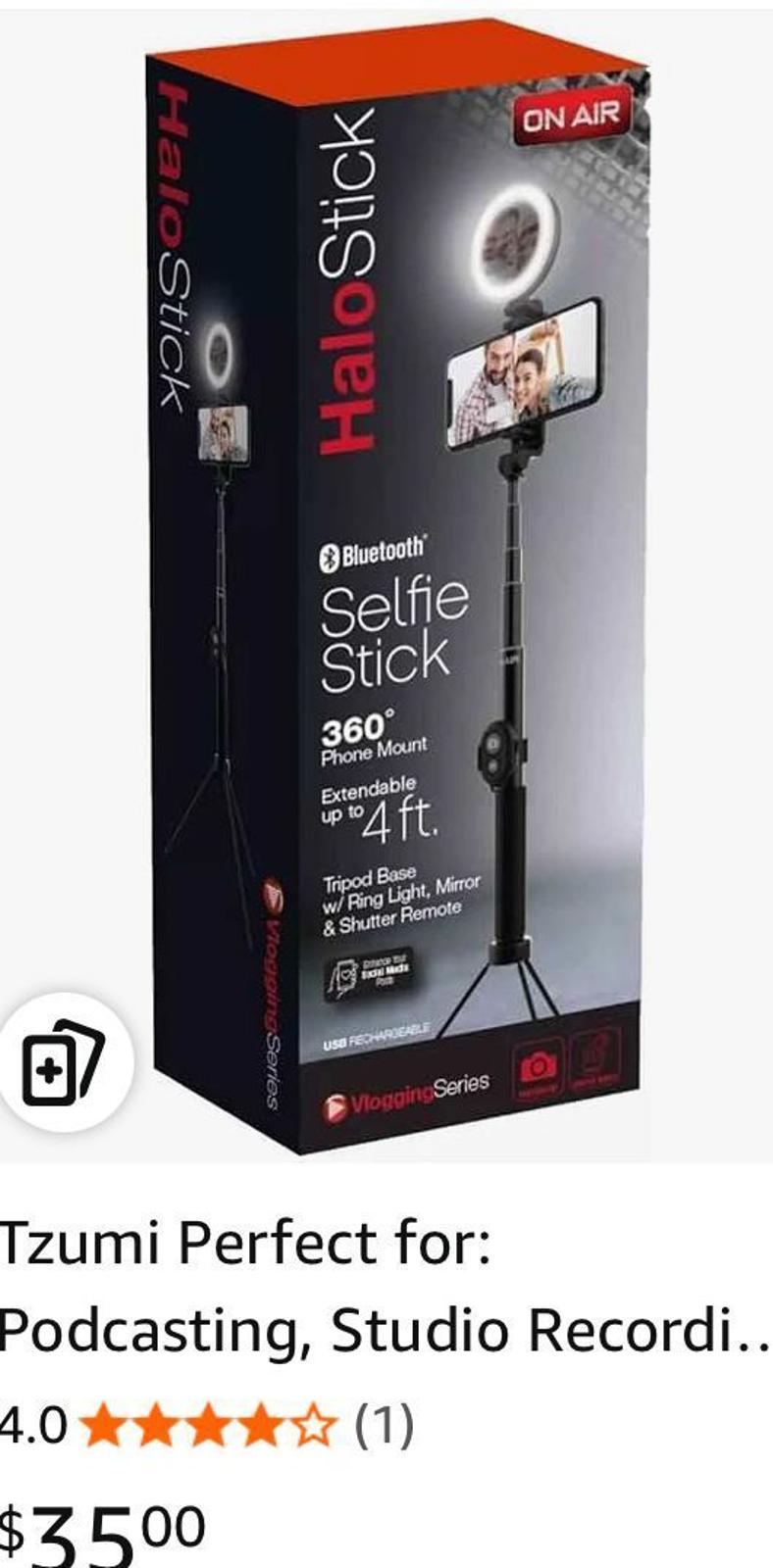 (NEW MSRP $35) Halo Selfie Stick extendable to 4' with ring light and BT shutter