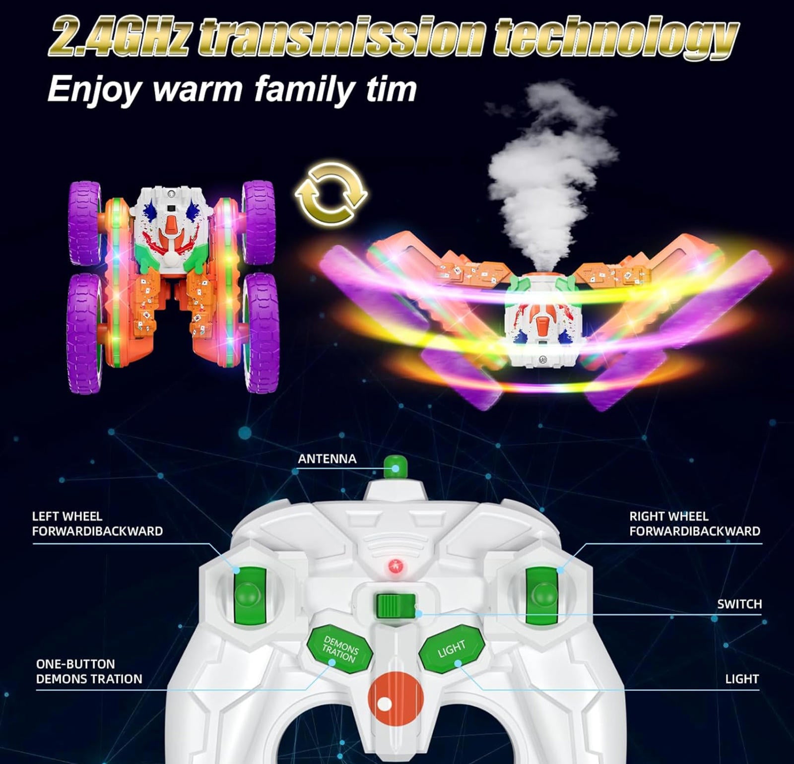 (MSRP $29.99)  4WD RC Stunt Car – 360° Rotating, Dual-Motor,Spray & LED Lights