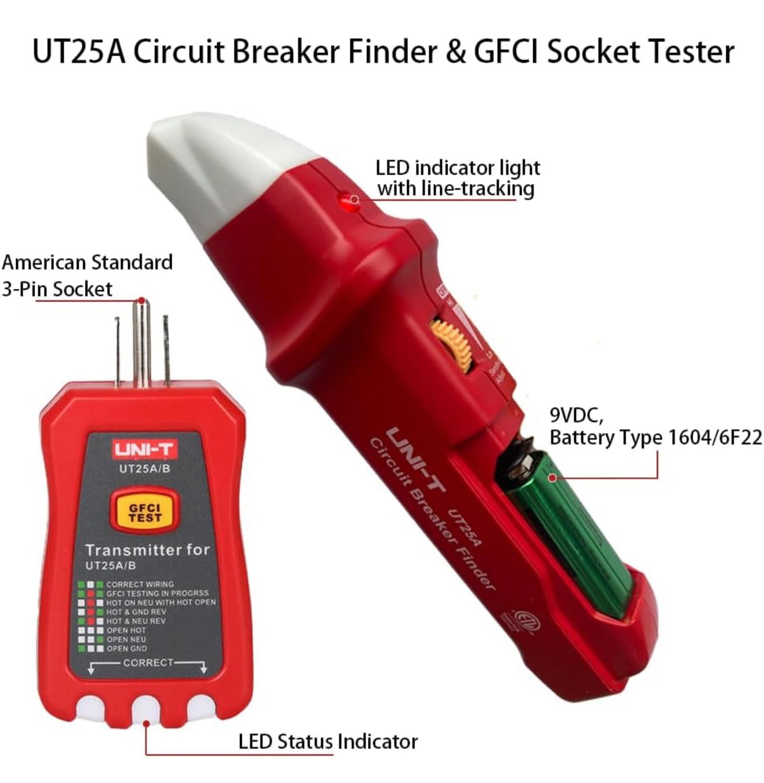 (MSRP $34.99) UNI‑T UT25A Circuit Breaker Finder + GFCI Tester – AC 90–120 V
