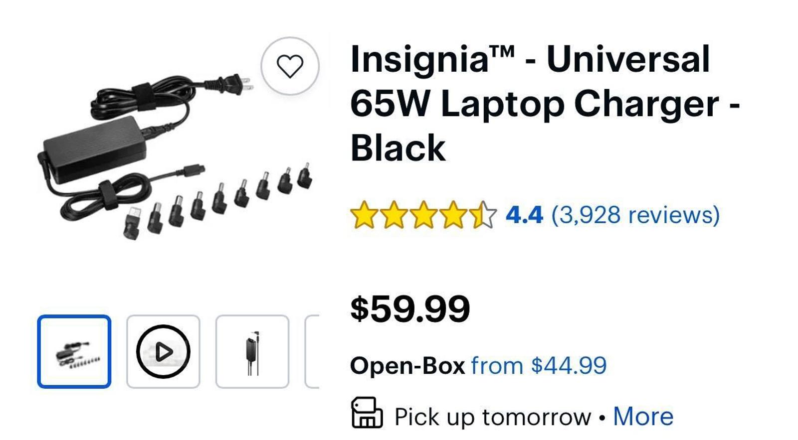 (NEW MSRP $59.99) Insignia universal 65W laptop charger, black - brand-new