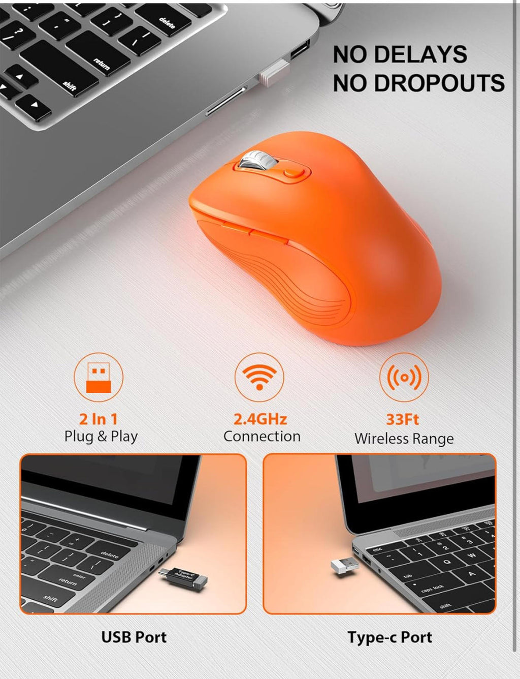 (MSRP $13.99) Ergonomic Wireless Mouse – 2.4 GHz, 6-Button Optical (Orange)