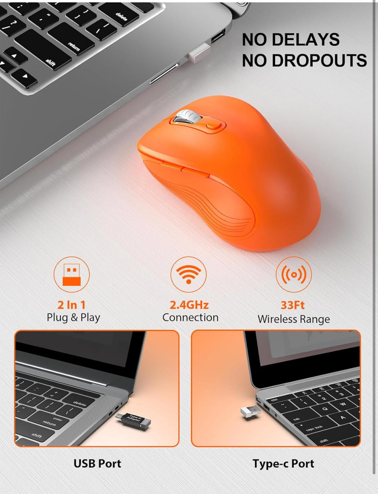 (MSRP $13.99) Ergonomic Wireless Mouse – 2.4 GHz, 6-Button Optical (Orange)