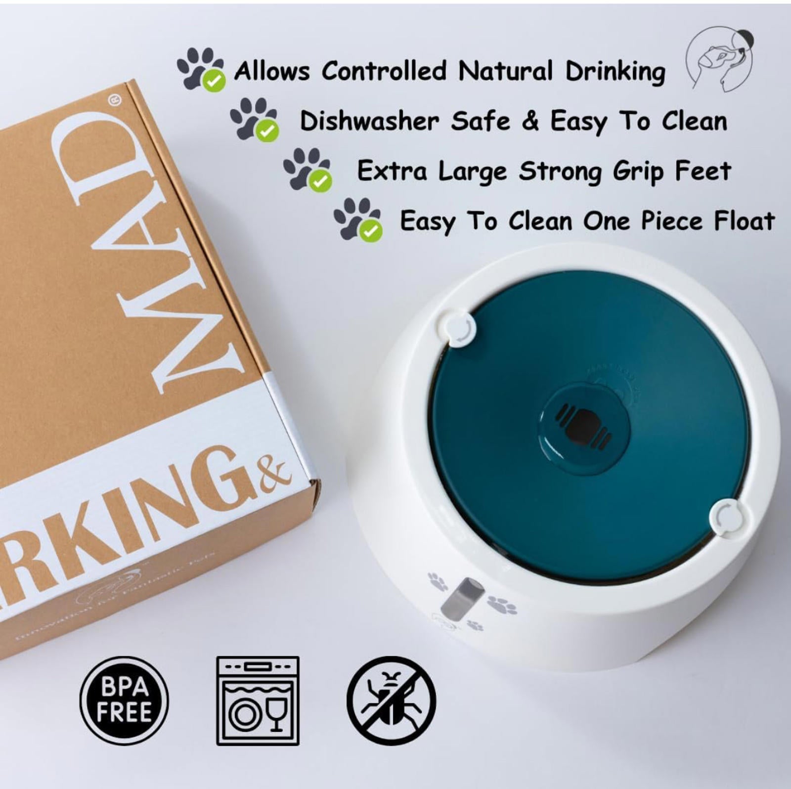 (MSRP $31.99) BARKING&MAD 2.1L No-Spill Dog Water Bowl