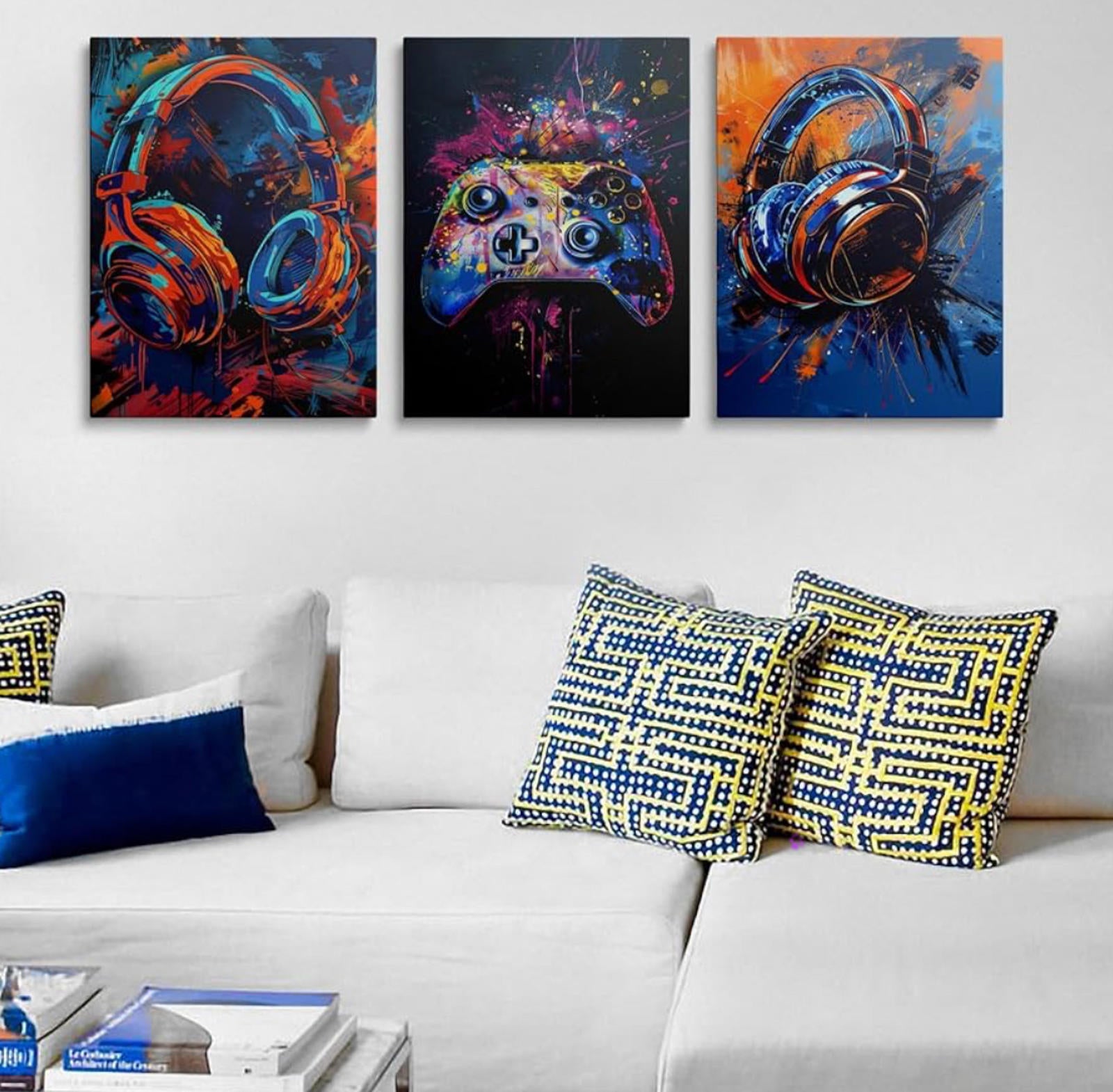 (NEW MSRP $55.88) 3‑Piece Graffiti Gaming Canvas Wall Art
